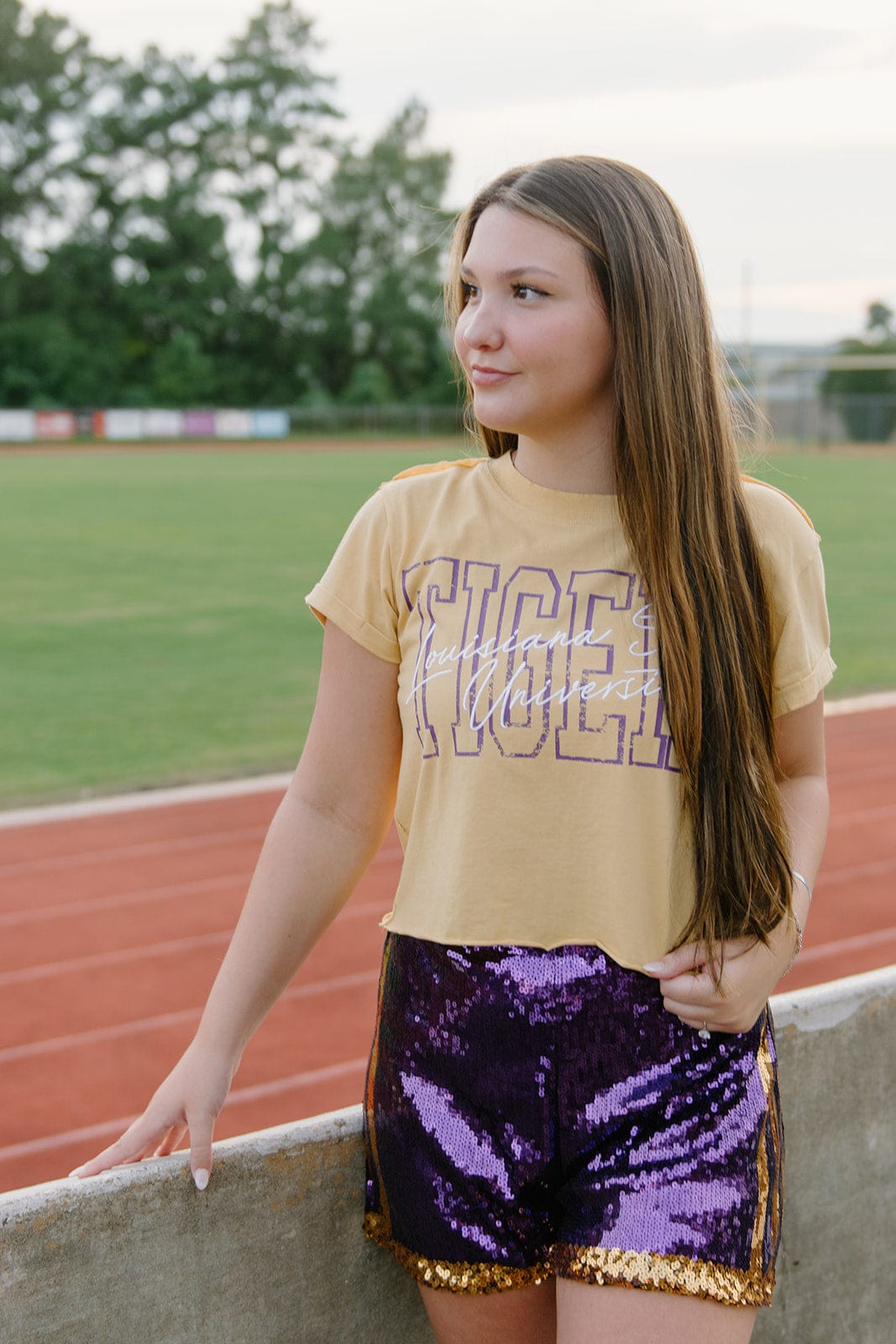 Sparkling Purple & Gold Sequin High Waist Shorts for Women - Party, Festival & Dance Outfits - Comfortable Stretchy Jersey Fabric