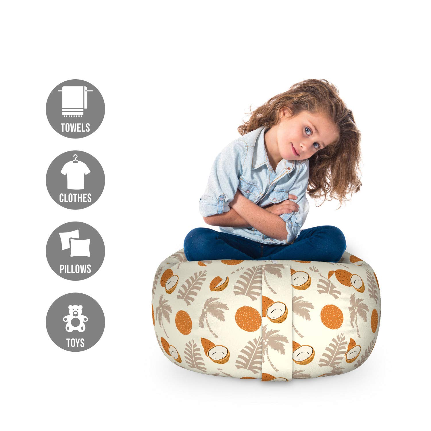 Ambesonne Tropical Storage Toy Bag Chair - Palm Trees & Coconut Fruits Silhouette Doodle Design, Washable Stuffed Animal Organizer for Kids Room, Small Size Coconut Dark Eggshell - Perfect for Nursery, Playroom & Beach Toy Storage