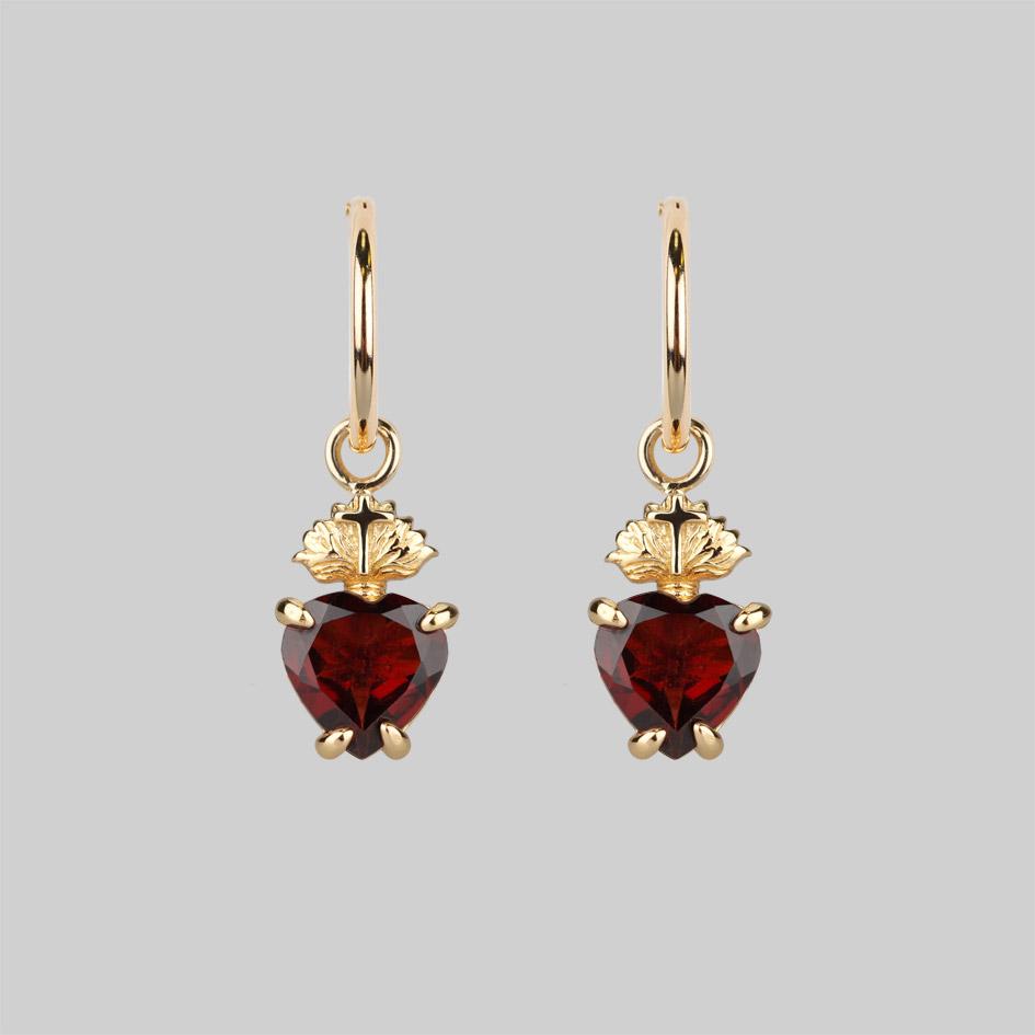 Sacred Heart Garnet Earrings in Gold - Elegant Dangle Earrings for Women, Perfect for Valentine's Day, Anniversary & Special Occasions