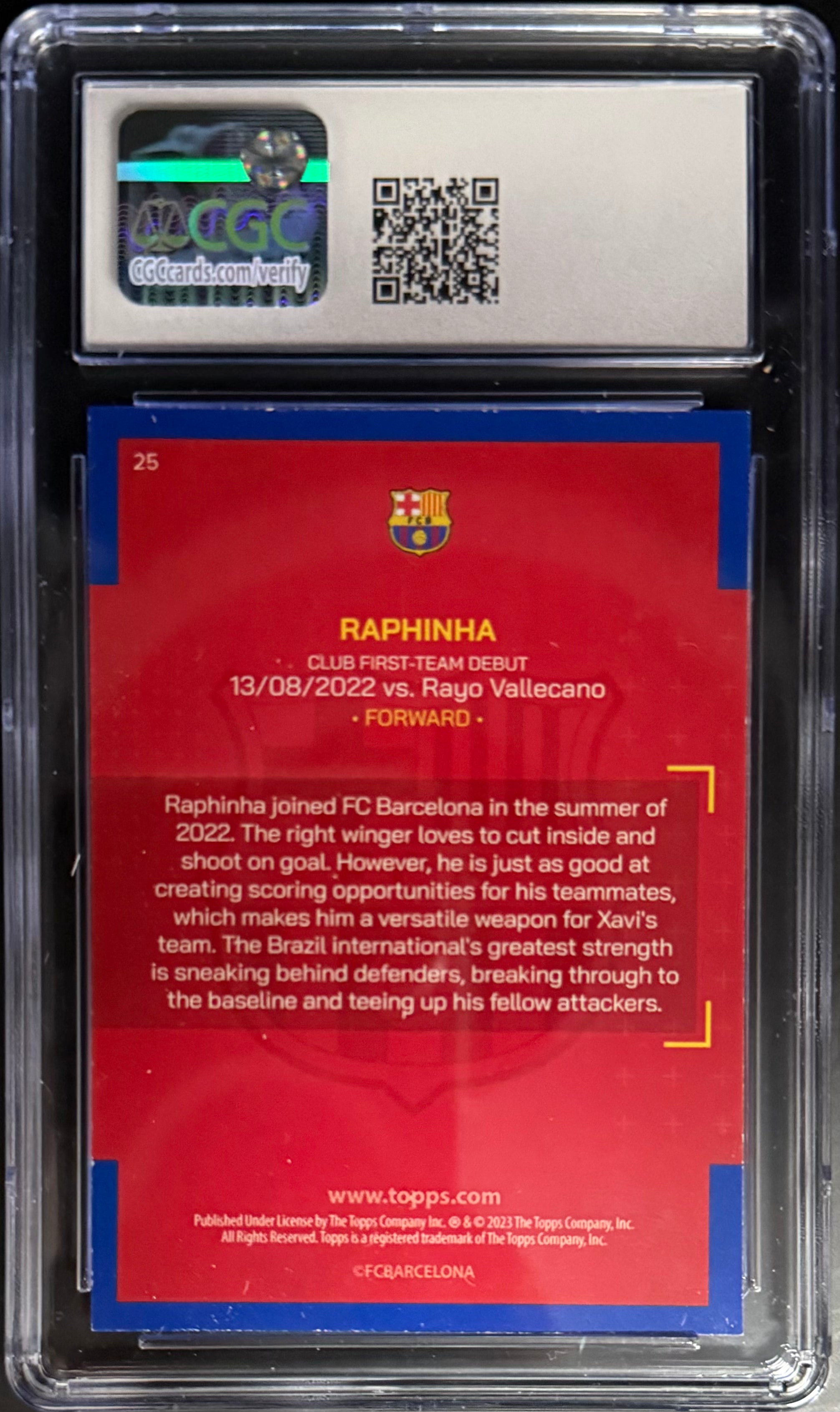 Raphinha FC Barcelona 2022-23 Topps Base Card #25 CGC 9 - Perfect for Soccer Collectors, Team Set Completion & Memorabilia Display