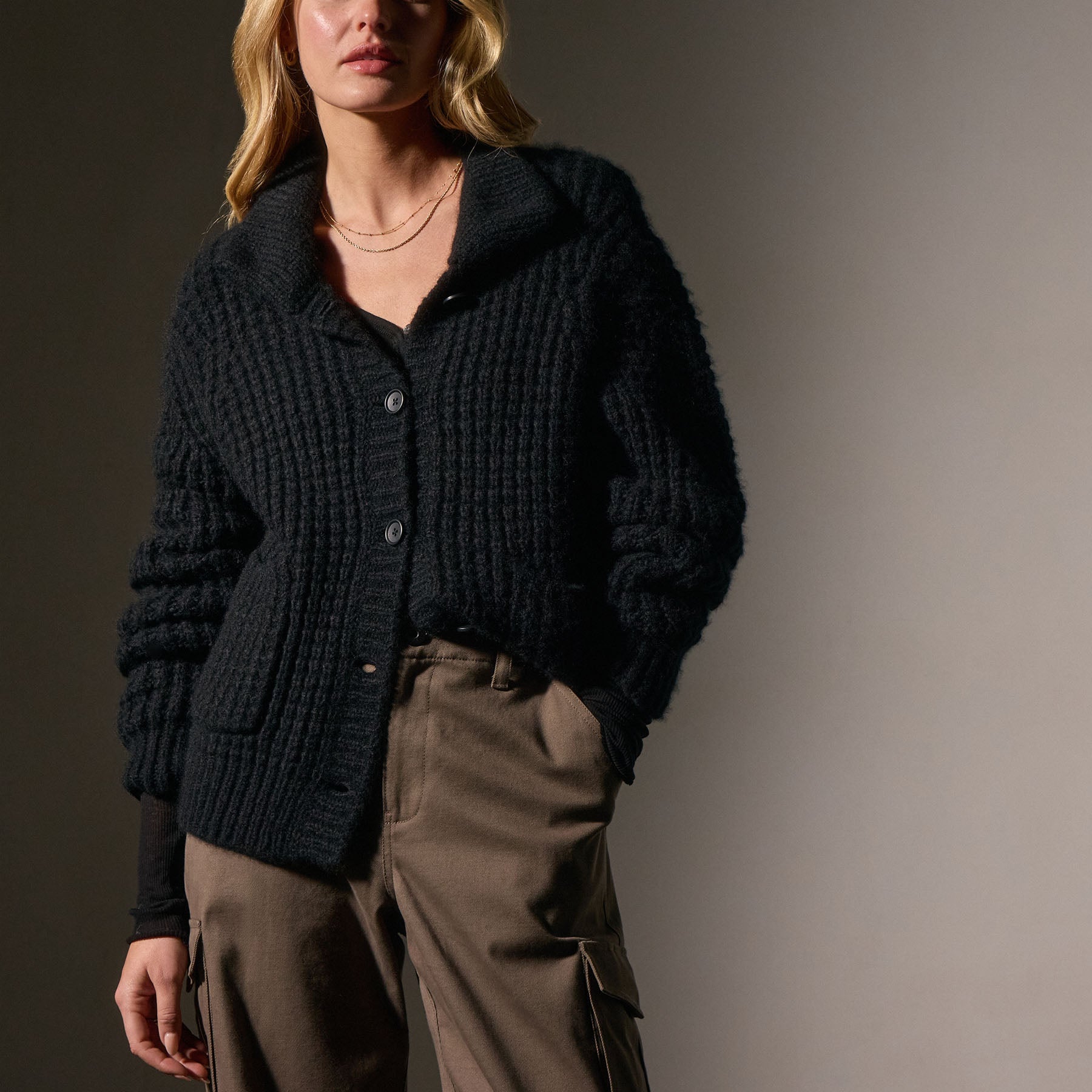 Luxury Cashmere Chunky Waffle Knit Cardigan Sweater for Women - True Black | Soft & Warm Winter Wear for Office, Lounge & Casual Outfits