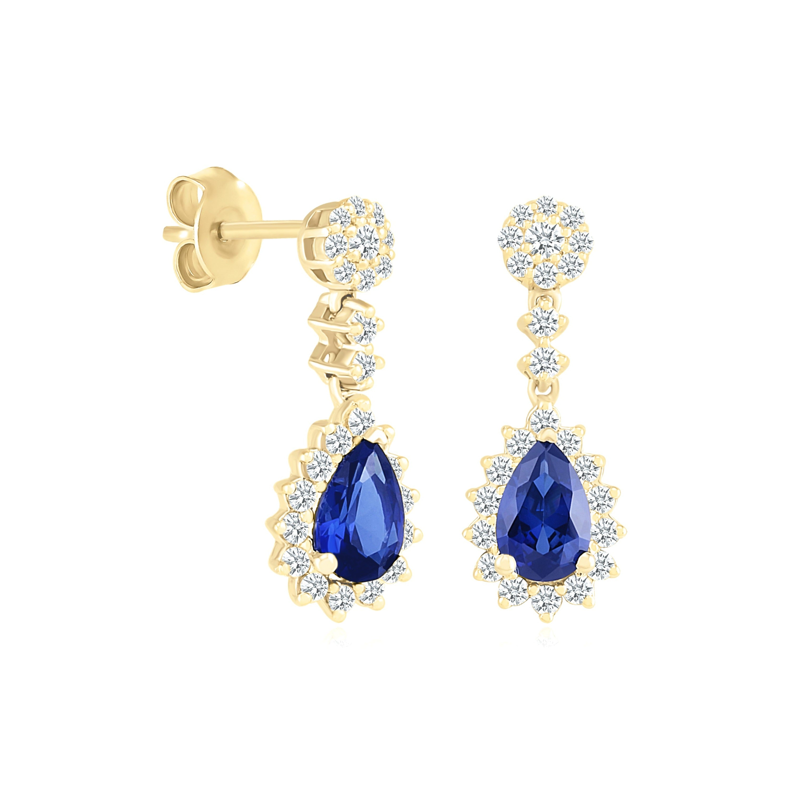 10k Yellow Gold Blue Sapphire Dangle Earrings with White Sapphire Halo - Elegant Jewelry for Weddings, Parties & Special Occasions