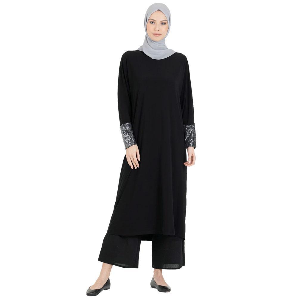 Abaci Modest Oversized Sequined Tunic Top 13089 Black - Elegant Women's Blouse for Parties, Weddings & Special Occasions