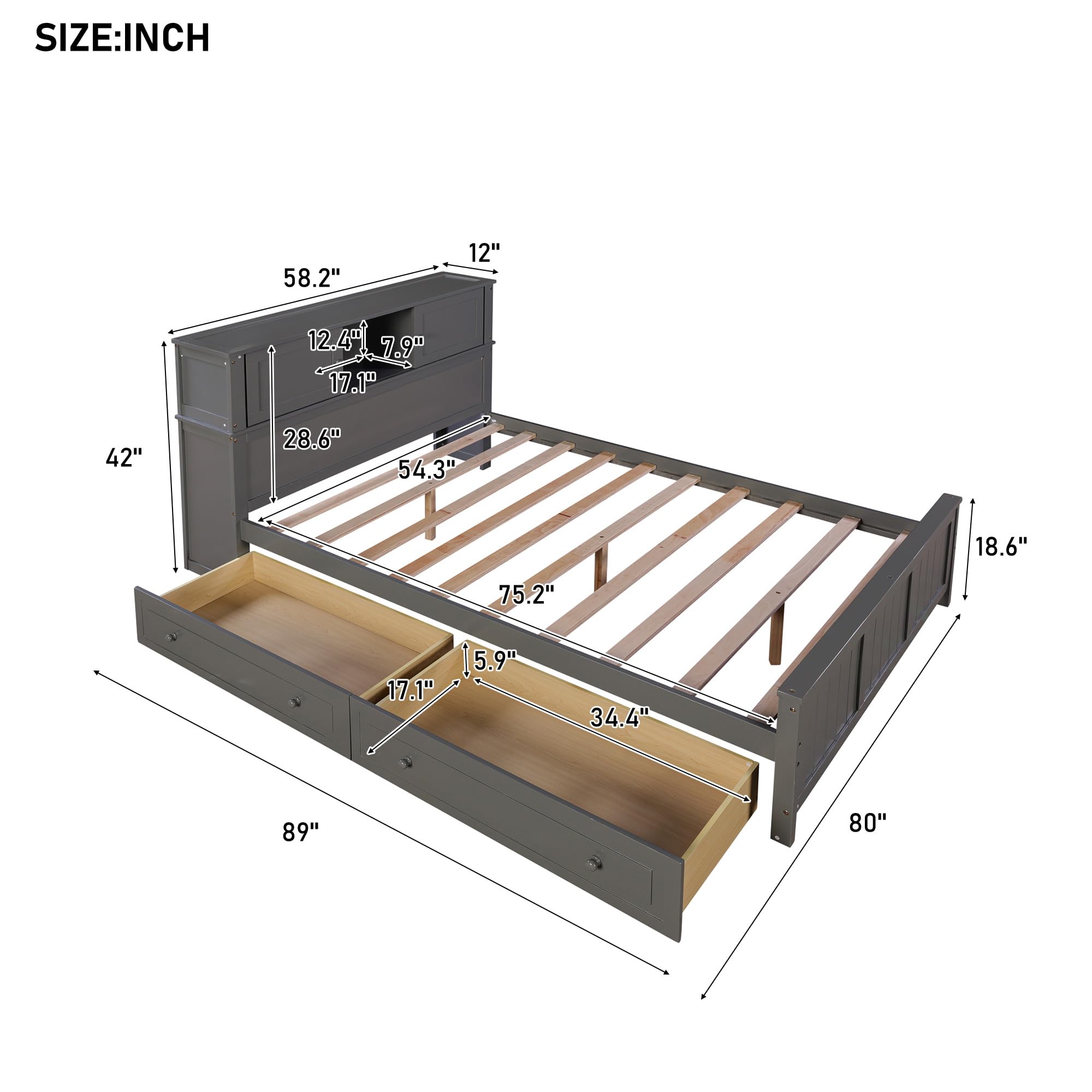 LZ LEISURE ZONE Full Size Platform Bed Frame with Storage Drawers & Sliding Door Headboard - Sturdy Wood Bed with Underbed Storage - Gray - Perfect for Small Bedrooms, Guest Rooms & Dorm Rooms
