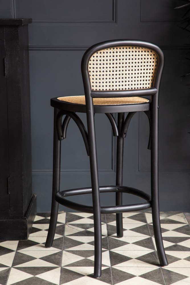 Chez Pitou Black Wood & Woven Cane Bar Stool - Modern Kitchen Island & Counter Height Stool for Dining & Home Decor