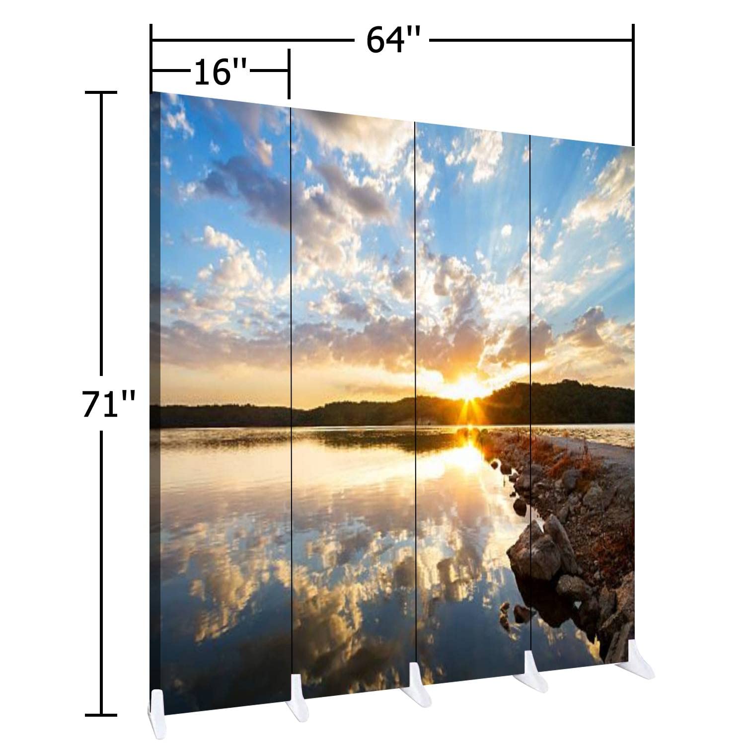Wooden Folding Room Divider with Canvas Panels - 4-Panel Privacy Screen for Home & Office | Dual-Sided Rock Jetty Sunrise Design | Indoor Partition Wall & Display Shelf | Perfect for Living Rooms, Bedrooms, and Studio Spaces