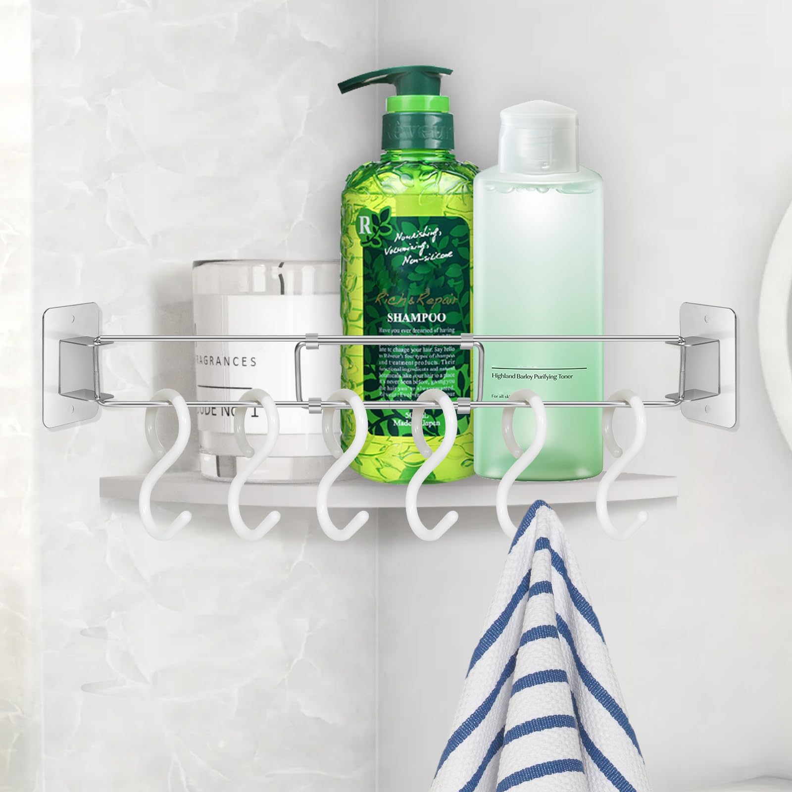 Adjustable Stainless Steel RV Shower Tension Rod with 6 Hooks - Space-Saving Bathroom Organizer for RV, Camper, Travel Trailer & Boat - Perfect for Storing Toiletries, Towels & Shower Accessories