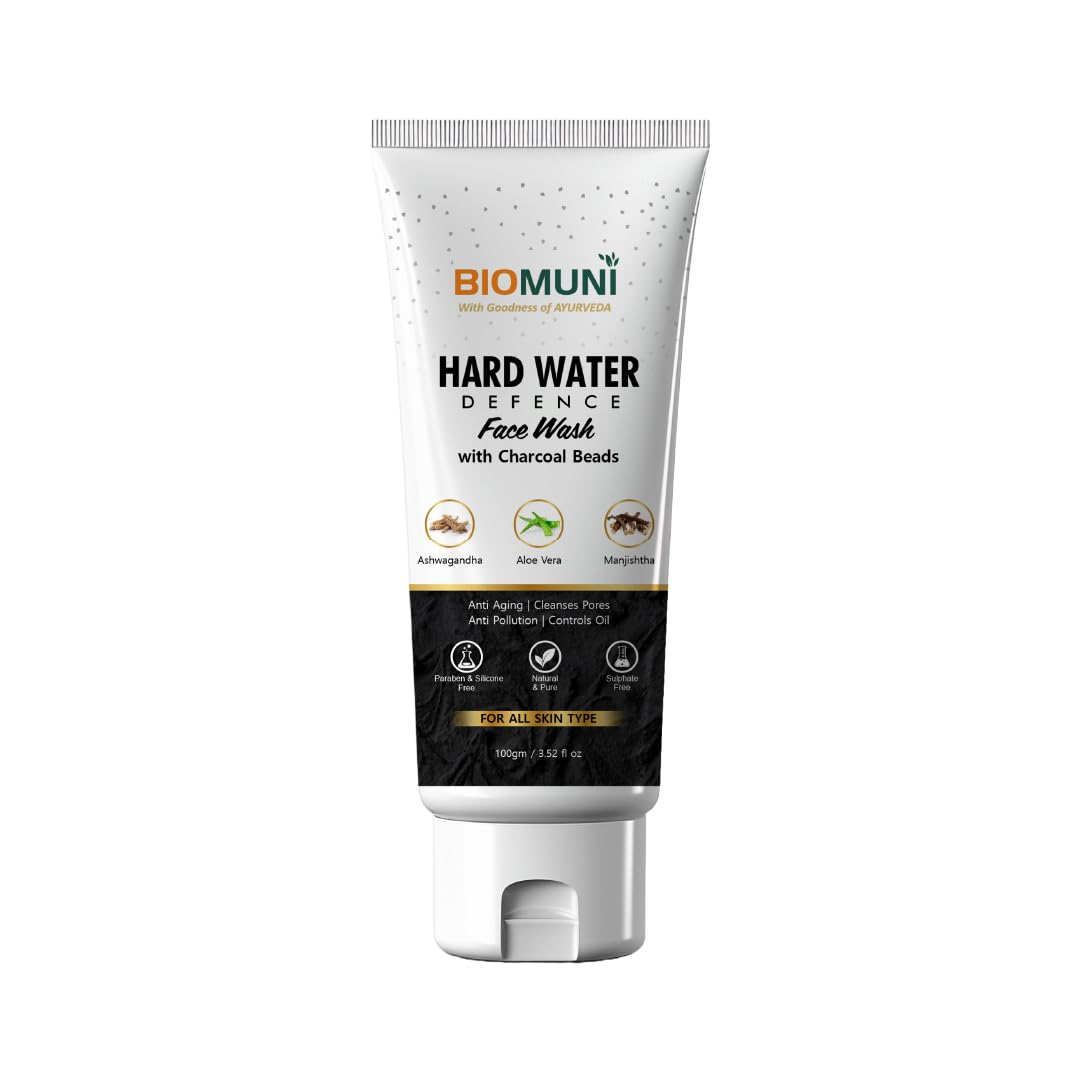 BIOMUNI Natural Ayurvedic Hard Water Defense Face Wash 100ml - Anti Acne, Skin Brightening, Sulfate & Paraben Free | Moisturizing, Oil Control, Anti-Pollution with Ashwagandha, Activated Charcoal & Aloe Vera | For Men, Women & Kids - All Skin Types | Perfect for Daily Cleansing & Pollution Protection