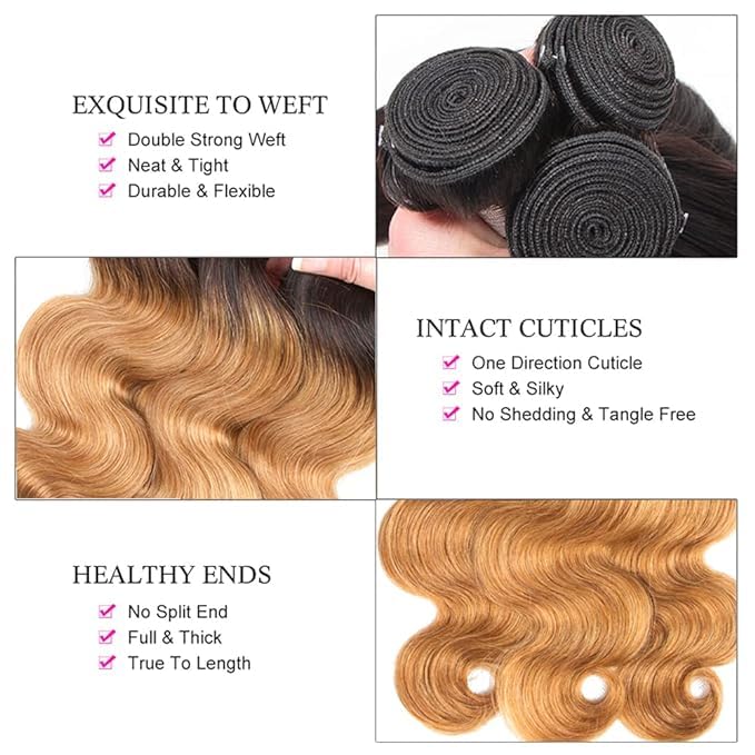 8A Grade Honey Blonde Body Wave Human Hair Weave Extensions - 14/16/18 Inch Ombre Two Tone Brown & Blonde Bundles (T4/27) | Perfect for Daily Styling, Parties & Special Occasions