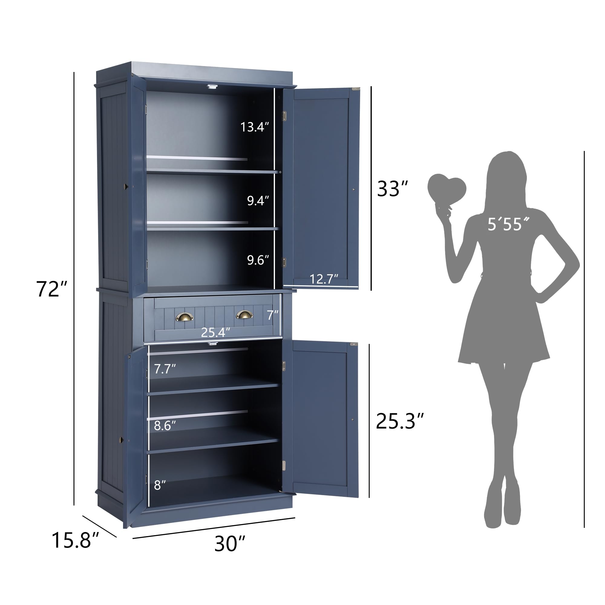 Freestanding Kitchen Pantry Storage Cabinet with 2 Cabinets, Drawer & Adjustable Shelves - Tall Cupboard Organizer for Kitchen, Dining Room & Living Room in Grey Blue - Perfect for Small Space Organization & Home Decor