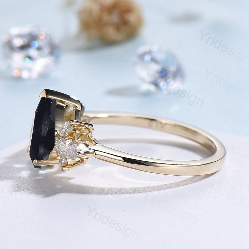 Blue Sandstone Pear Shape Ring - Vintage Galaxy Starry Sky Engagement Ring with Marquise Blue Sapphire Cluster, Women's Wedding Band & Proposal Gift for Anniversary, Valentine's Day & Special Occasions