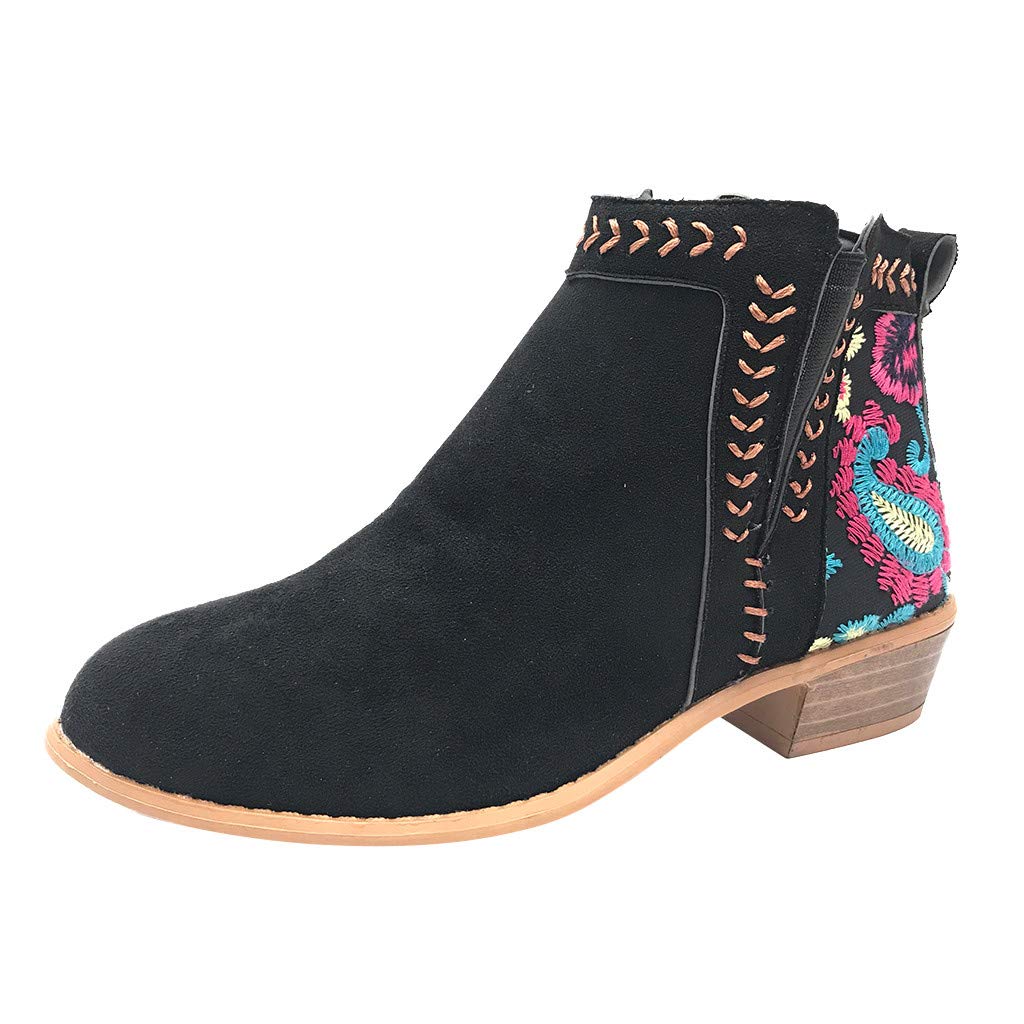 Vedolay Women's Embroidered Flower Square Heel Ankle Boots - Winter Fashion Shoes for Women, Wide Width Available - Perfect for Casual Outfits, Office Wear & Holiday Parties