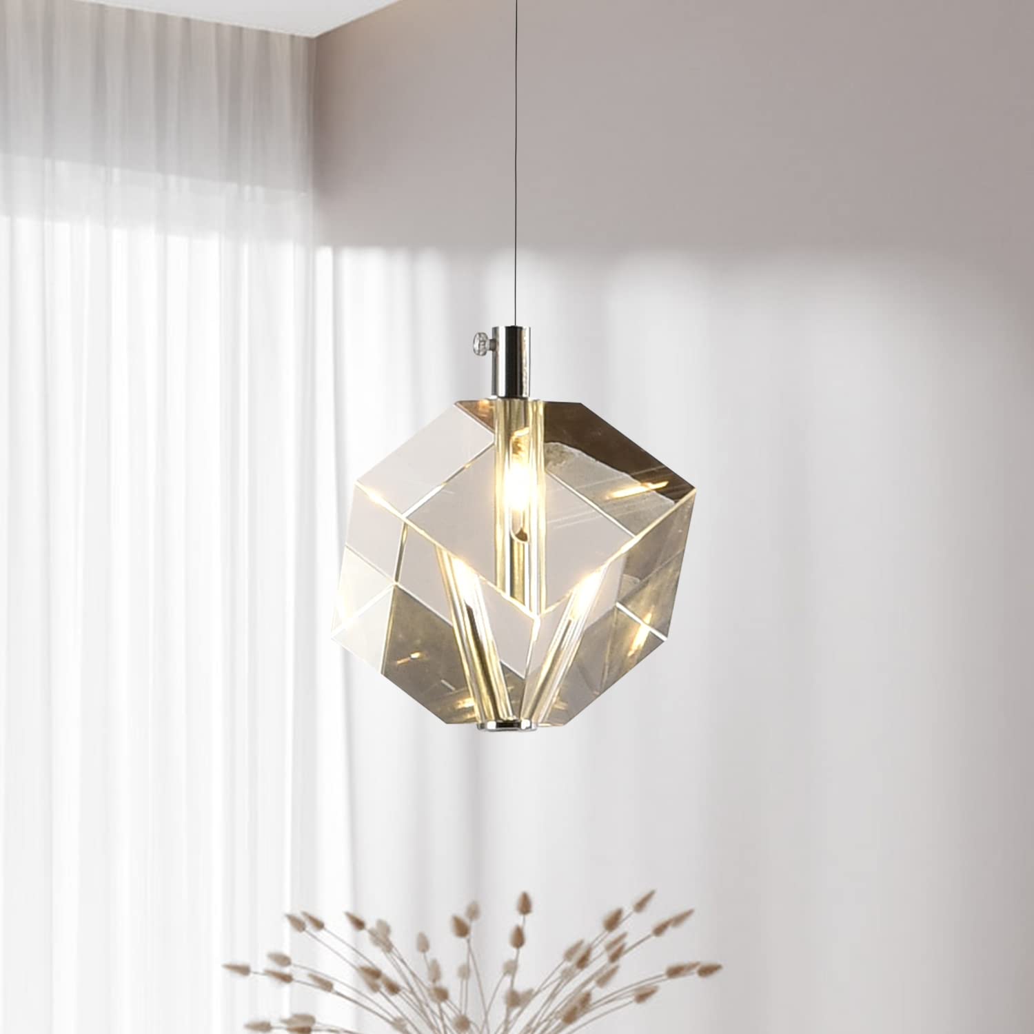 Modern Round Crystal Pendant Light - Chrome Single Raindrop Chandelier for Kitchen Island, Bedroom, Bathroom, Foyer & Dining Room - Farmhouse & Contemporary Decor Lighting Fixture (1-Light)