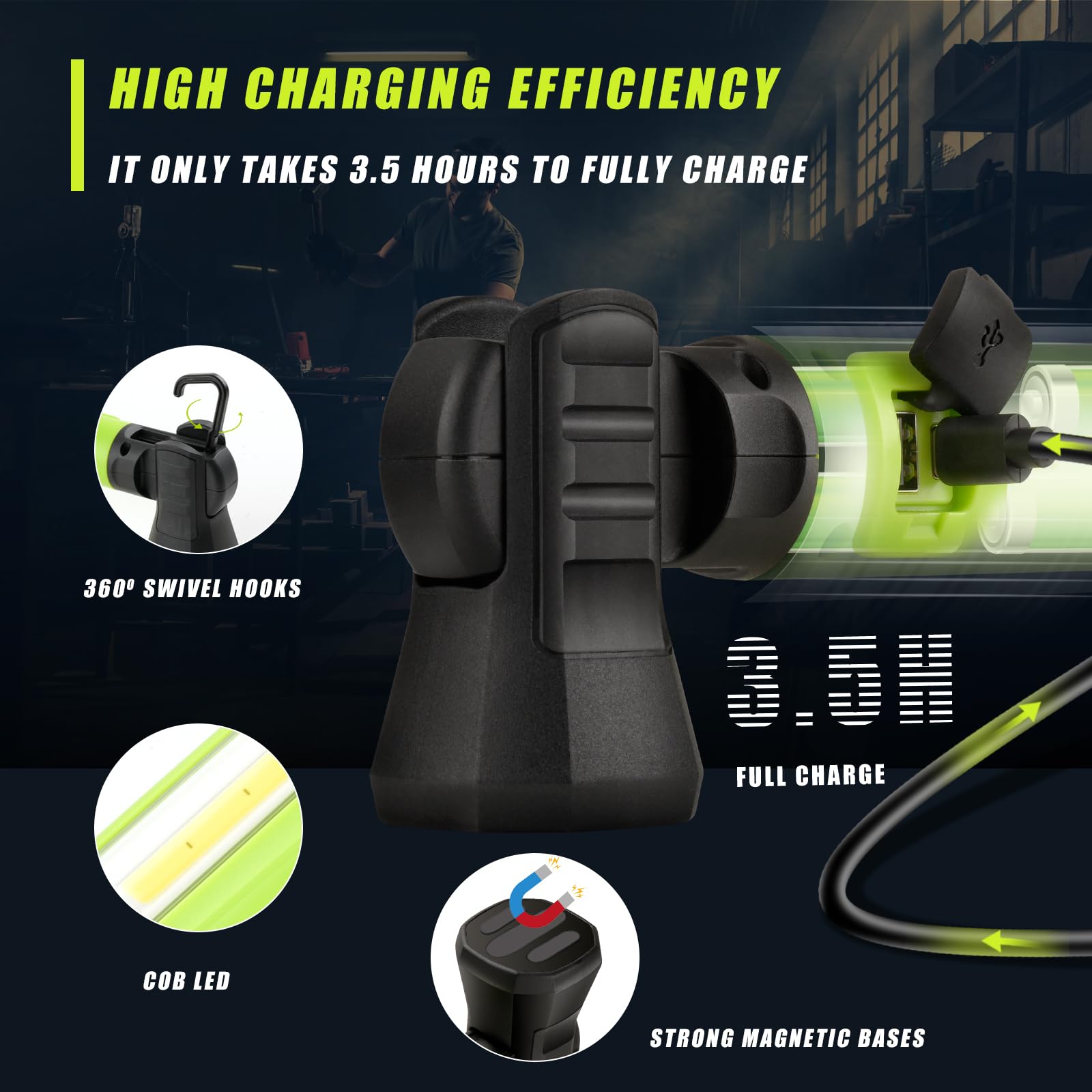 3000LM Bright LED Work Light - 5200mAh Rechargeable Magnetic Underhood Light with Hooks & Power Output | IP54 Waterproof Cordless Mechanic Light for Car Repair, Garage, Construction & Emergency Use