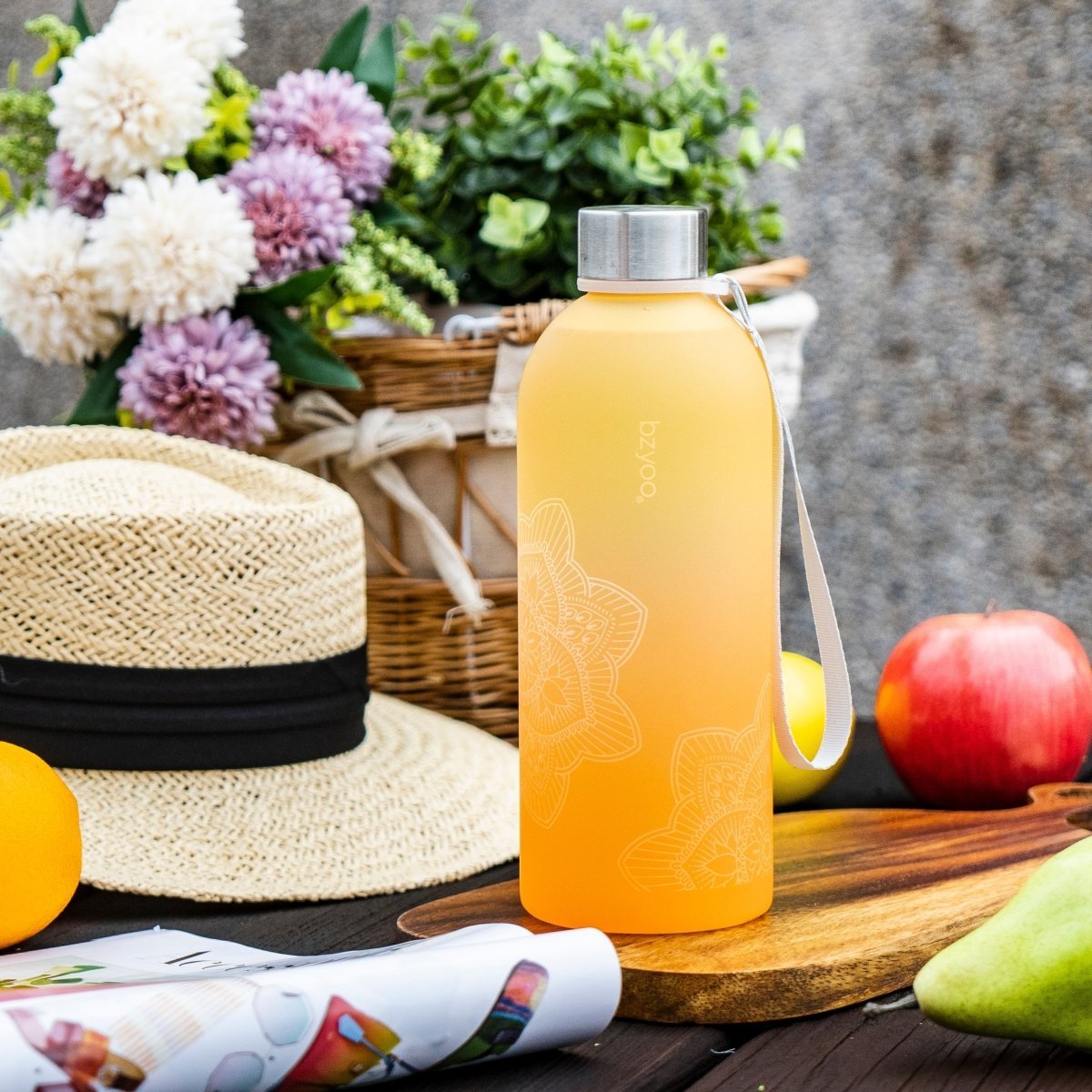 32oz La La Mandala Time Marker Tritan Water Bottle with Carrying Strap - Ombre Orange | BPA-Free Leakproof Sports Water Bottle for Gym, Yoga, Hiking & Outdoor Activities