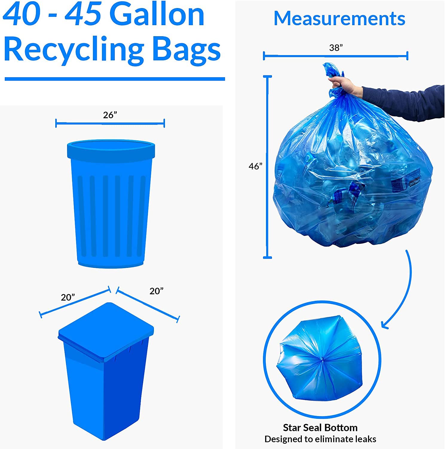 Reliable SuperValue 40-45 Gallon Heavy Duty Recycling Bags | 100 Count | Blue Trash Bags for Home, Office & Outdoor Use | Eco-Friendly Waste Disposal Solution