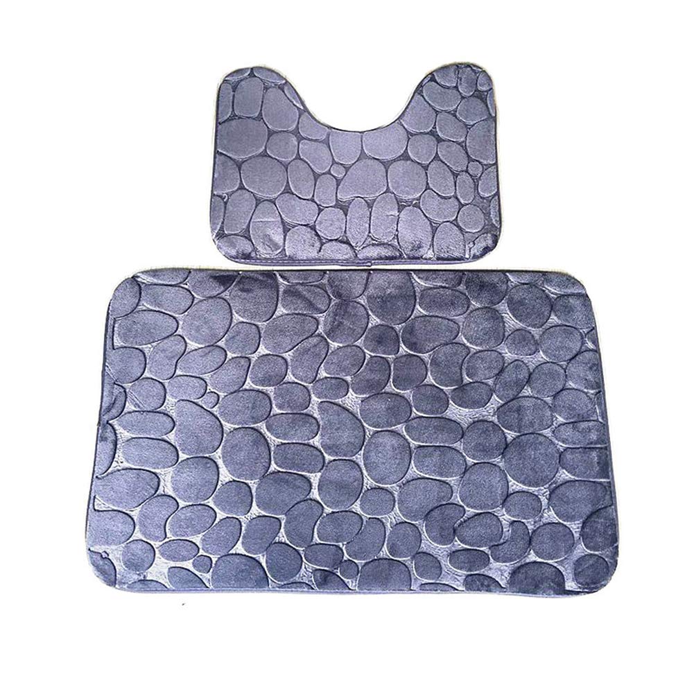 Premium 2-Piece Soft Plush Bathroom Rug Set - Super Absorbent, Machine Washable, Non-Slip Bath Mat for Toilet & Shower Floor - Grey Cobblestone Design (Perfect for Bathrooms, Laundry Rooms & Entryways)