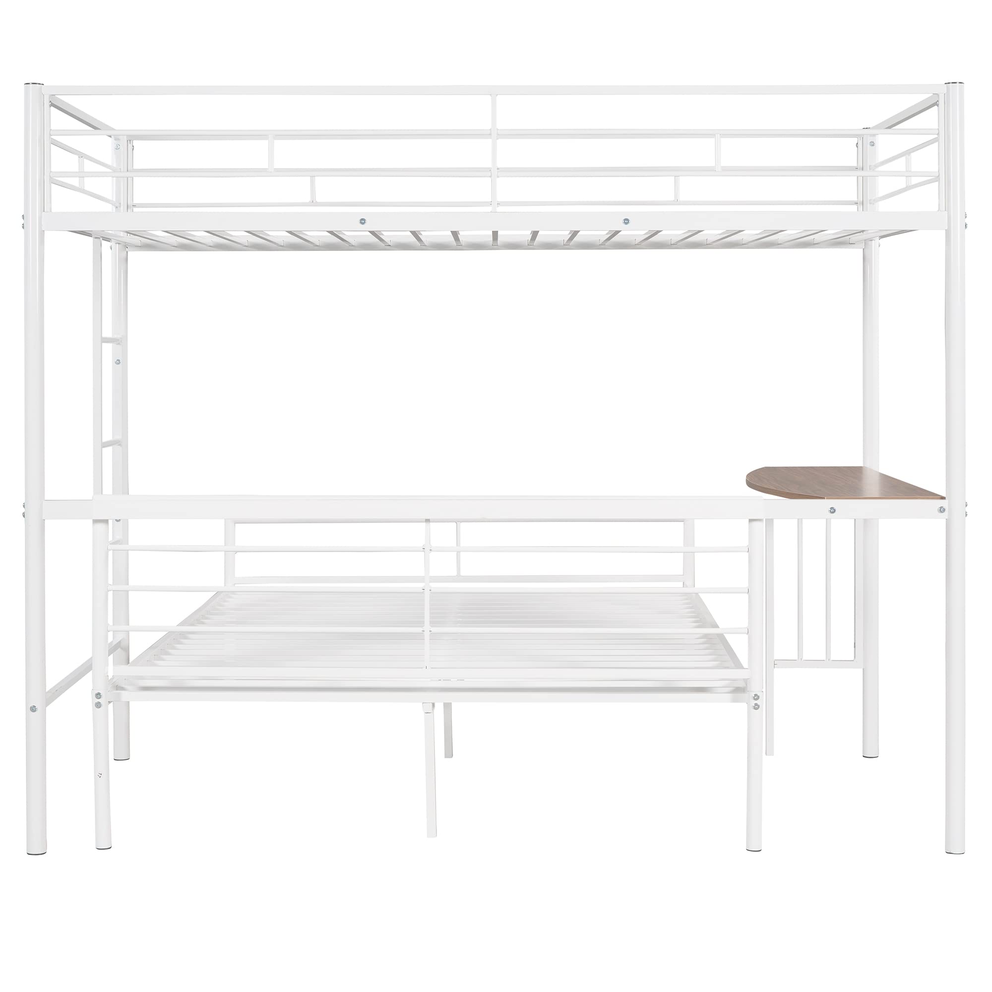Twin Over Full Bunk Bed with Built-in Desk & Ladder - Sturdy Metal Frame in Metallic White - Perfect for Kids' Bedrooms, Guest Rooms & Space-Saving Solutions