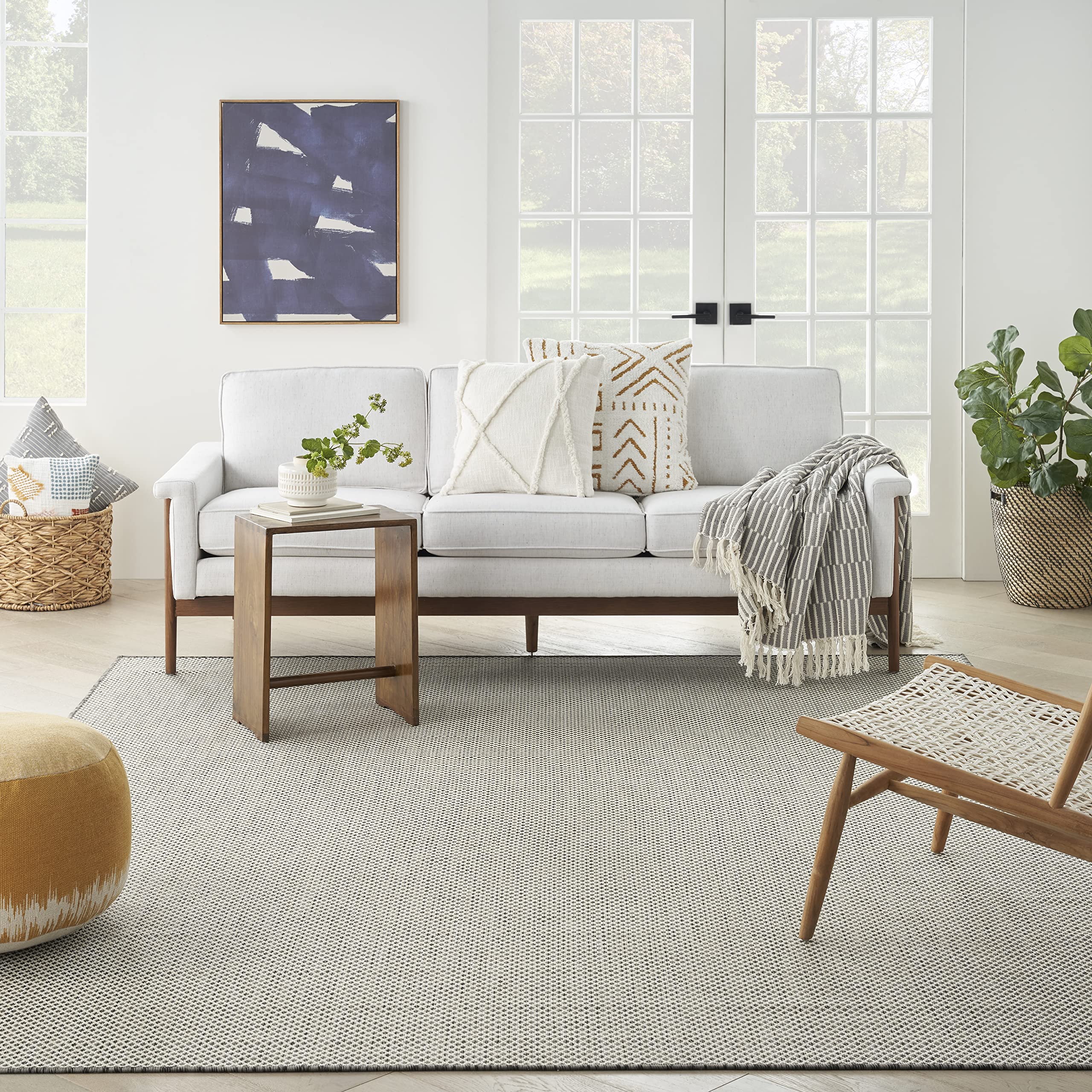 Nourison Courtyard 7' x 10' Indoor/Outdoor Area Rug - Ivory & Charcoal Geometric Design, Non-Shedding & Easy Clean - Perfect for Bedroom, Living Room, Dining Room, Deck, Patio & Backyard (7x10)