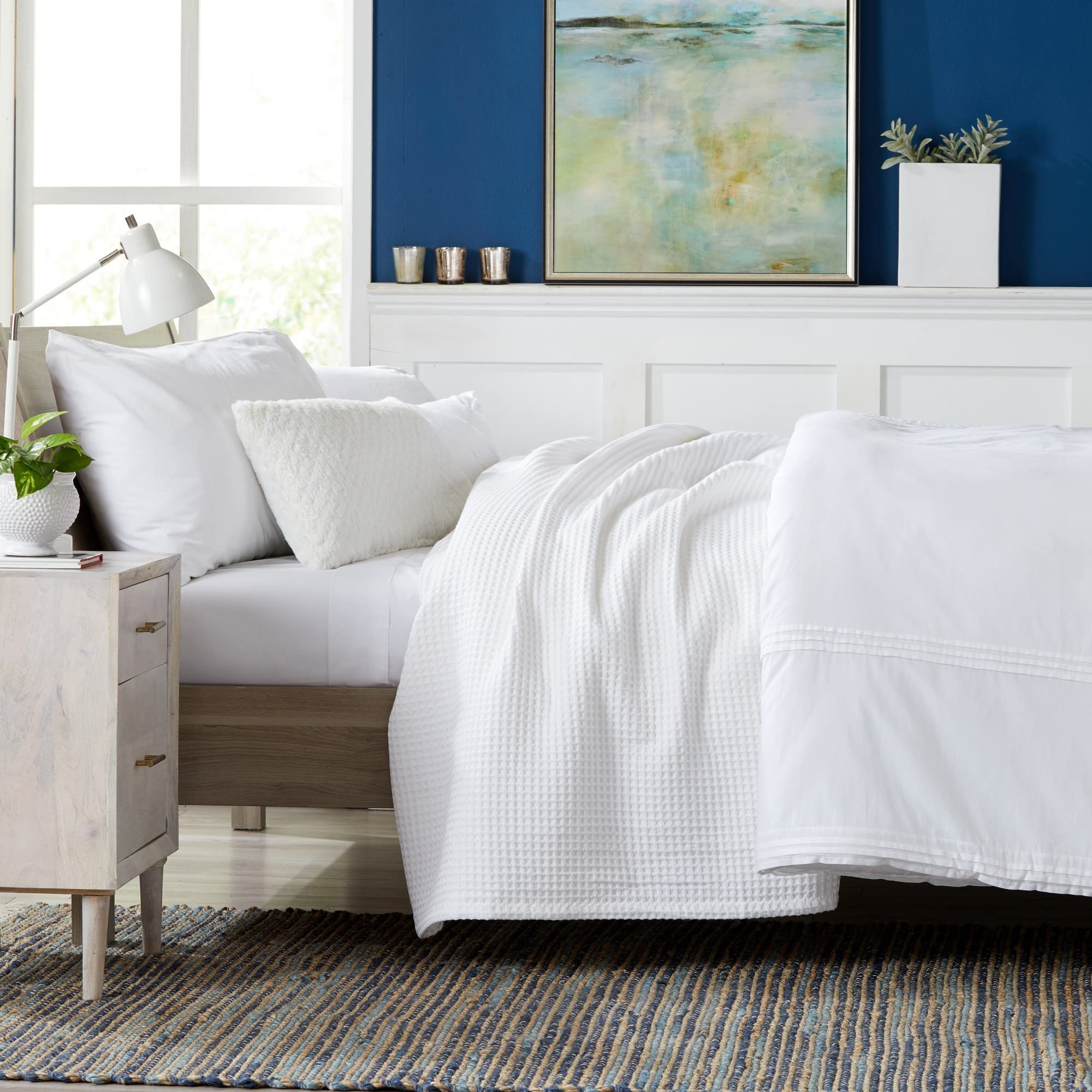 100% Cotton Waffle Weave Blanket - Ultra Soft & Breathable All-Season Bedding | King Size White Thermal Blanket for Layering | Brielle Collection | Perfect for Bedroom, Guest Room & Cozy Home Decor