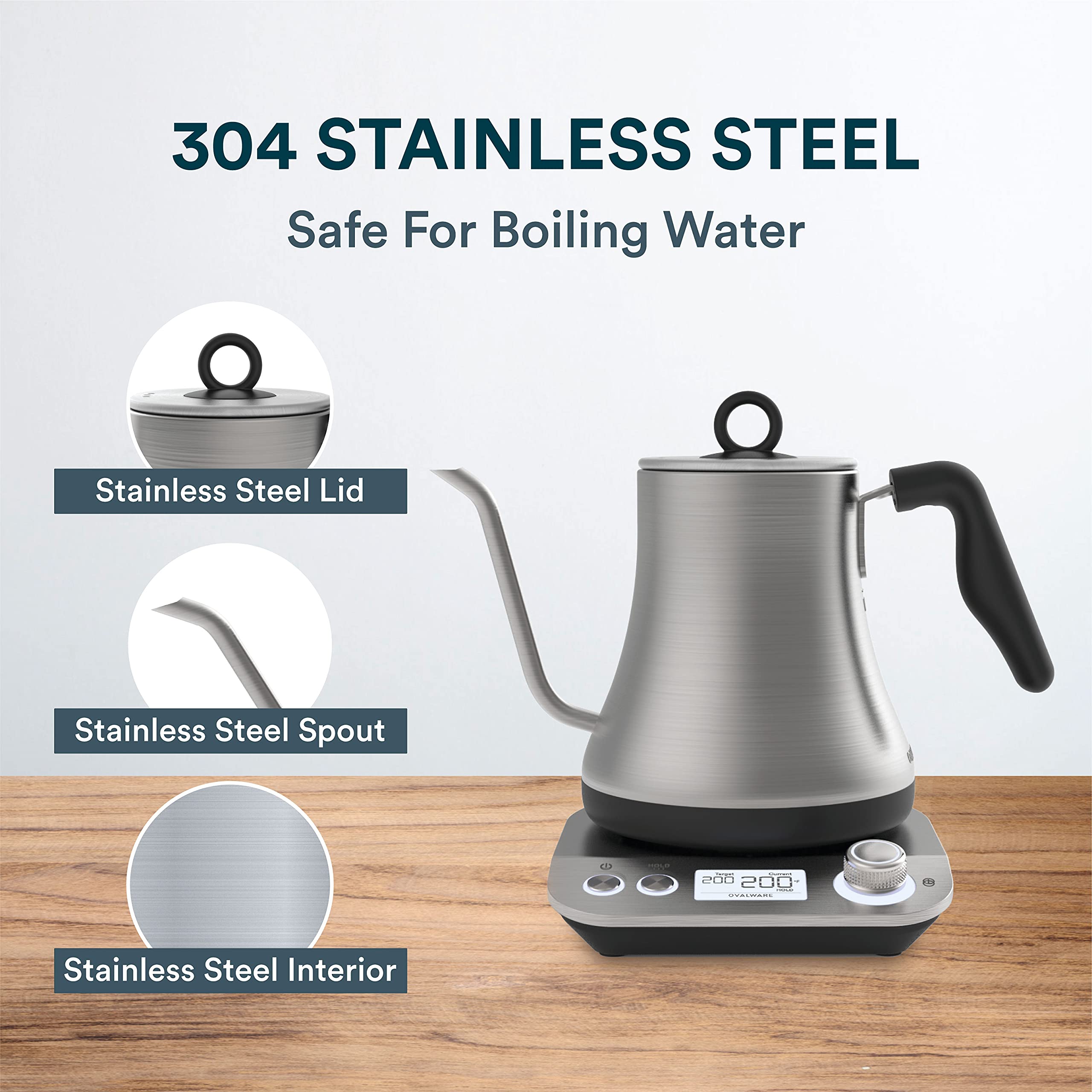 OVALWARE 0.8L Electric Gooseneck Kettle with Variable Temperature Control - Fast Boiling Stainless Steel Water Kettle with Auto Shutoff - Perfect for Pour Over Coffee, Tea Brewing & Home Kitchen Use