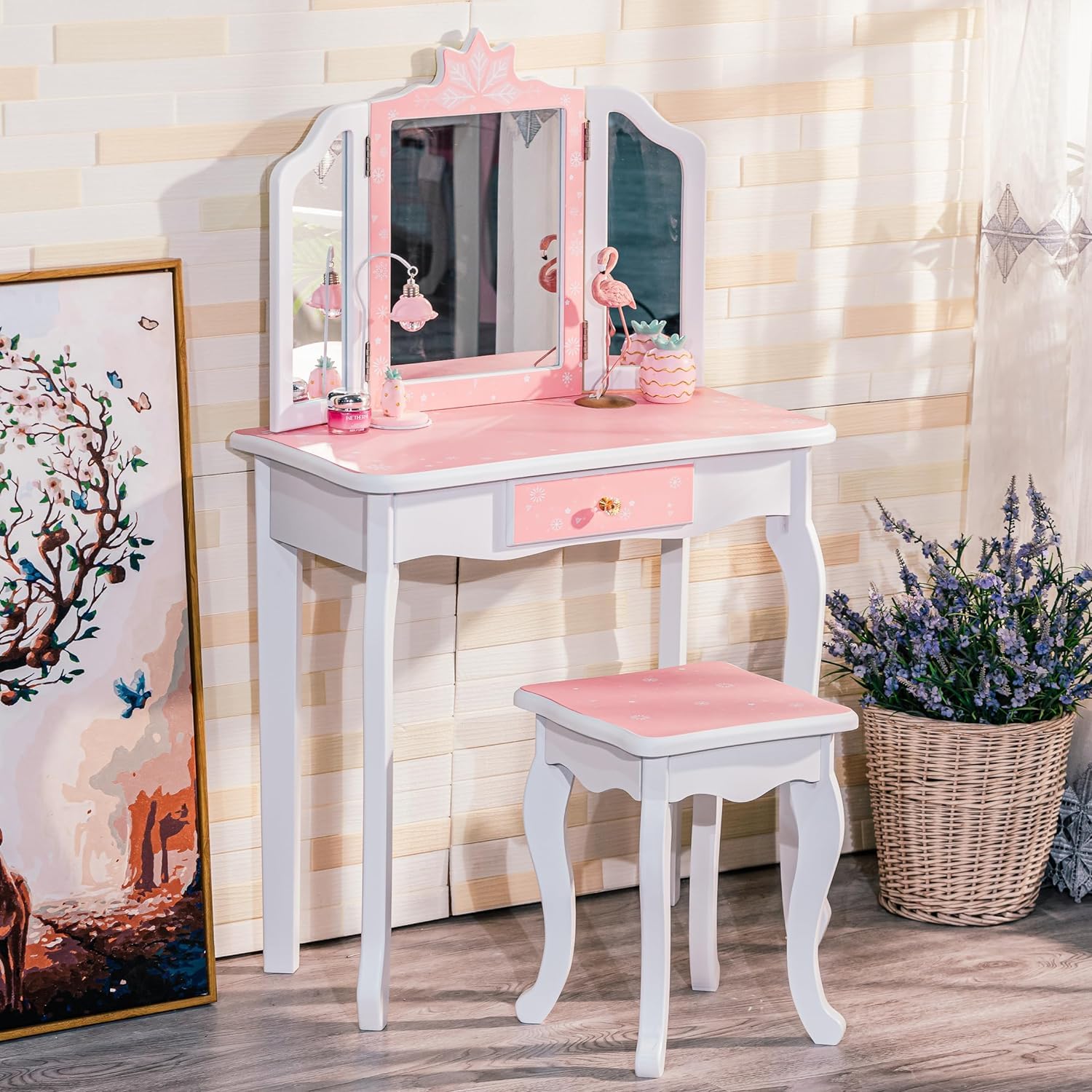 GAOMON Kids Vanity Table with Tri-Folding Mirror, Stool & Drawer - 2-in-1 Wooden Princess Makeup Desk & Dressing Table for Toddlers - Pretend Play Vanity Set for Girls (Perfect for Birthday Gifts, Bedroom Decor & Role Play Activities)