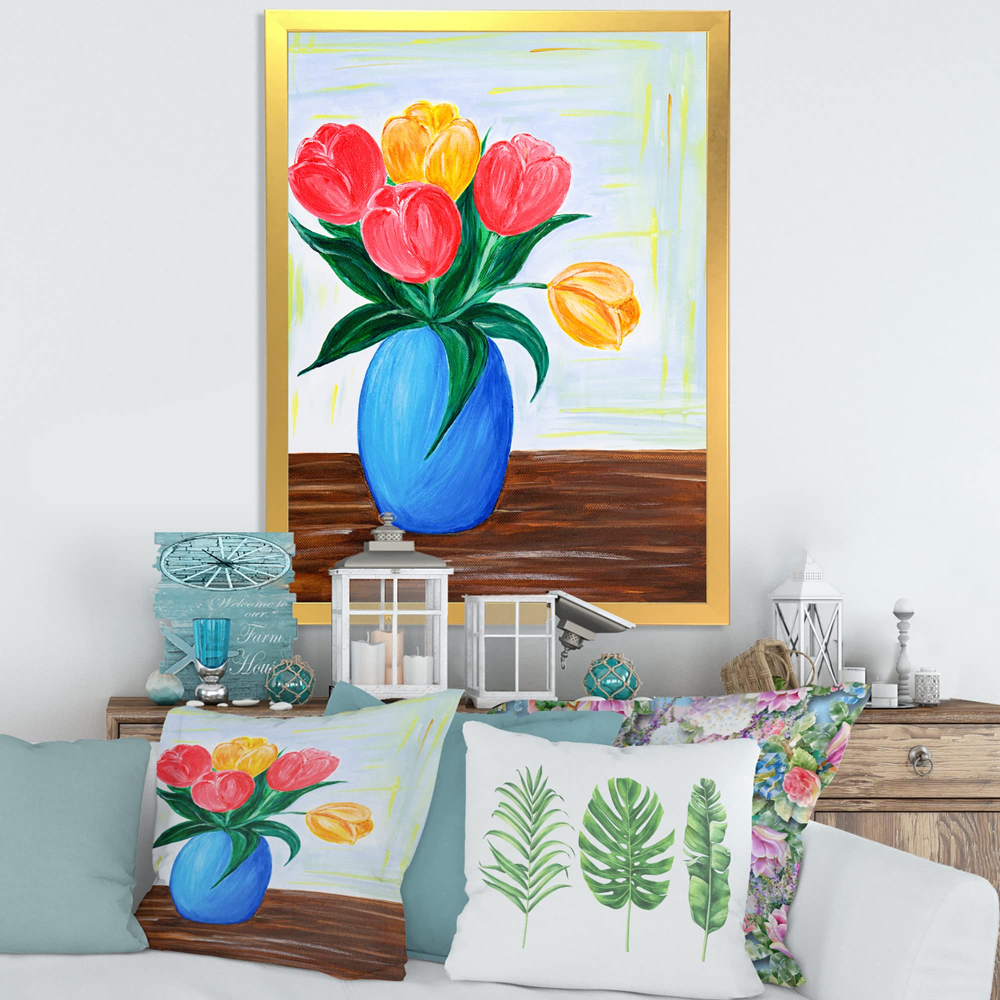 Bouquet of Red and Orange Tulips in Vase - Traditional Framed Wall Art Decor for Living Room, Bedroom & Office