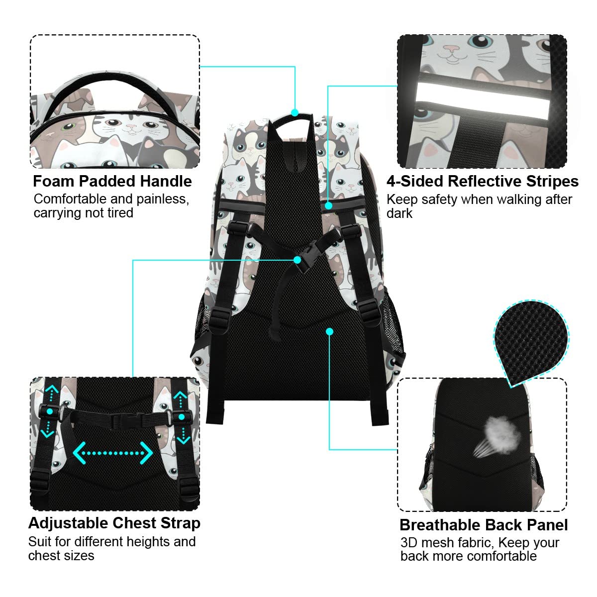 17 Inch Cat Backpack for School - Cute Kitten Bookbag for Boys & Girls, Durable Student Backpack for Daily Use, Travel & Outdoor Activities