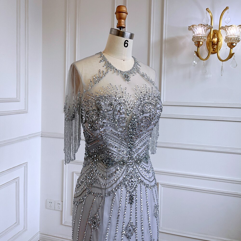 Elegant Grey Mermaid Evening Gown with Beaded Tassel Details - O-Neck Short Sleeve Dubai Style Party Dress for Women | Perfect for Weddings, Galas & Formal Events 2025 LA70646