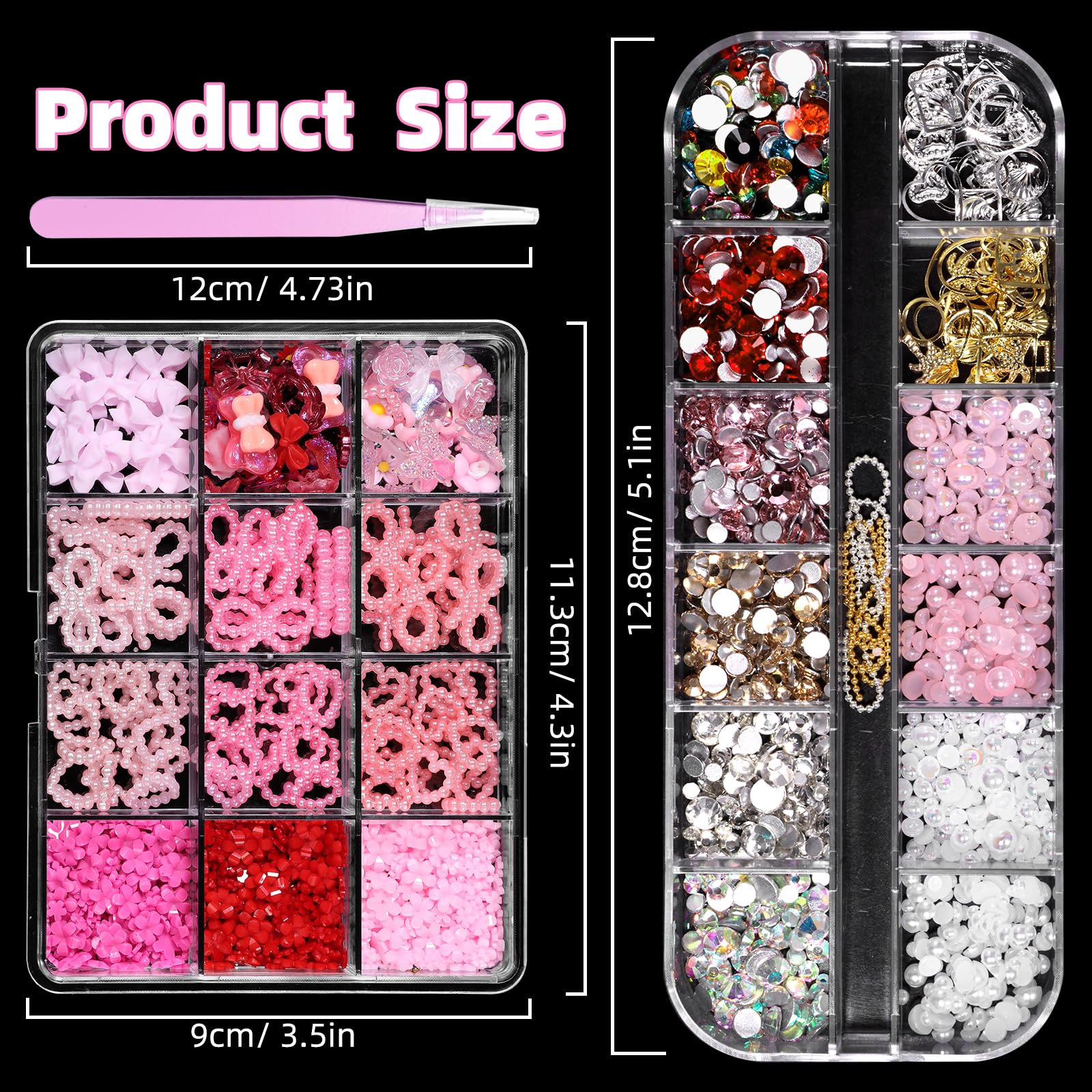 2 Boxes Flower Nail Charms and Rhinestones - Red Pink Bows, Tiny Flowers & Butterfly Nail Art Charms for DIY Nail Accessories | Perfect for Manicures, Nail Salons & Home Nail Art Decoration