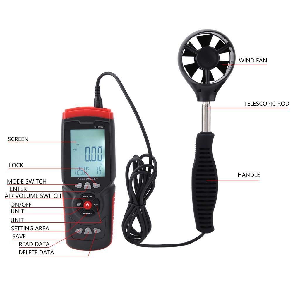 GT8907 Handheld Digital Anemometer - USB Wind Speed Gauge with Temperature Measurement, Multi-Function Air Flow Tester for Outdoor Activities, HVAC, and Industrial Use