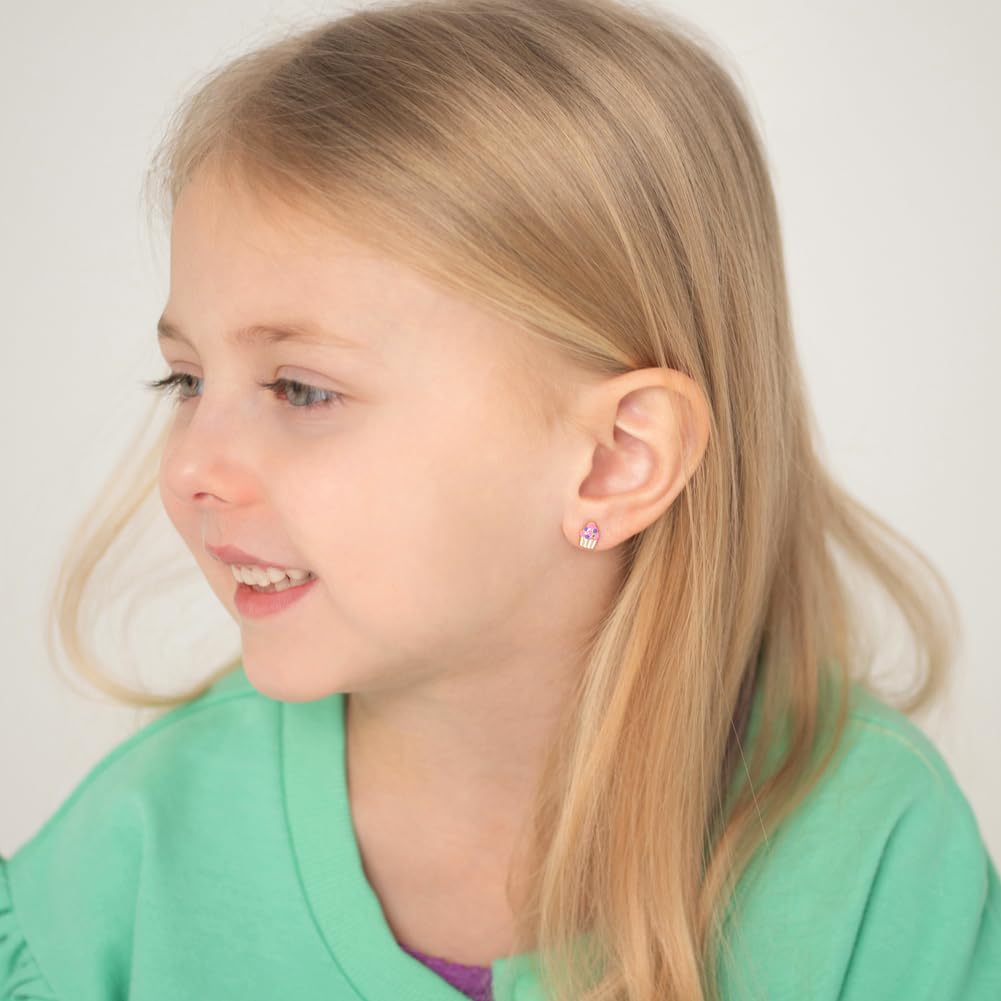 14k Yellow Gold Colorful Enamel Cupcake Screw Back Earrings for Toddlers & Girls - Cute Kids Jewelry Gift for Birthdays & Parties | Hypoallergenic, Comfortable & Fashionable