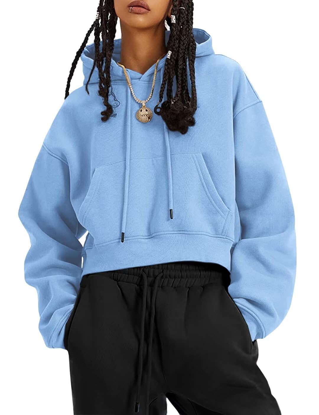 LEEDYA Women's Cropped Hooded Sweatshirt - Long Sleeve Loose Fit Fleece Pullover Top for Casual Wear, Street Style & Outdoor Activities