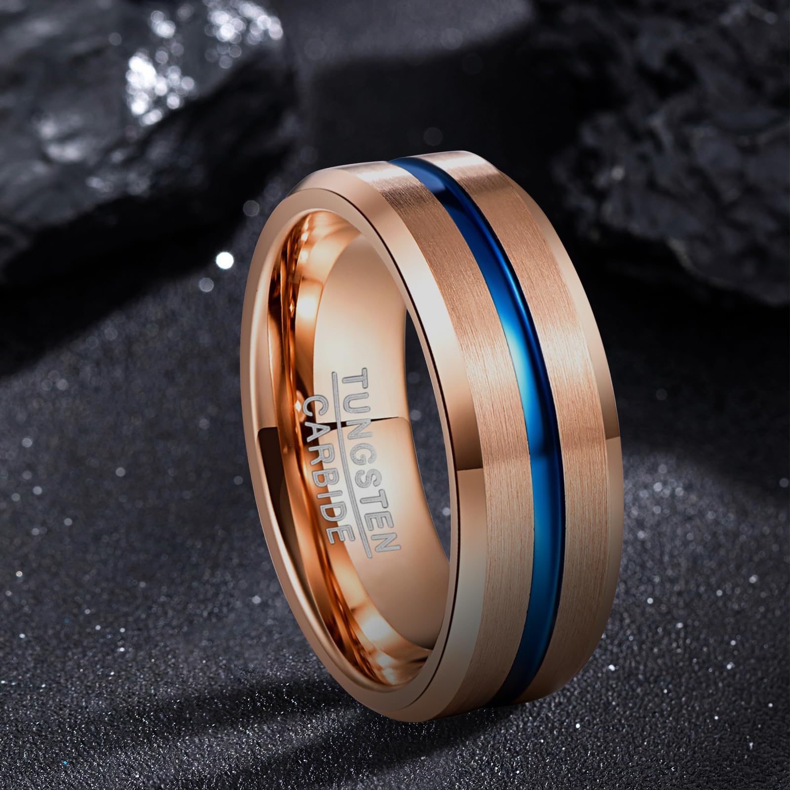 8mm Tungsten Wedding Rings for Men - Rose Gold, Blue Grooved, Black & Brown Two Tone Bands - Sizes 5-14 - Durable & Scratch-Resistant for Everyday Wear, Anniversary Gifts & Special Occasions