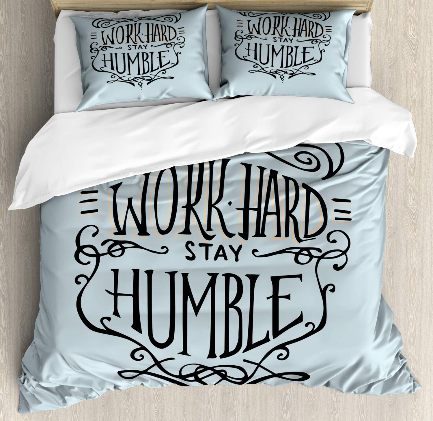 Ambesonne Modern Duvet Cover Set - King Size 2 Pack with 2 Duvet Covers & 4 Pillowcases - Work Hard Stay Humble Inspirational Design in Blue Grey Charcoal - Soft Bedding for Master Bedroom, Guest Room & Dorm Decor