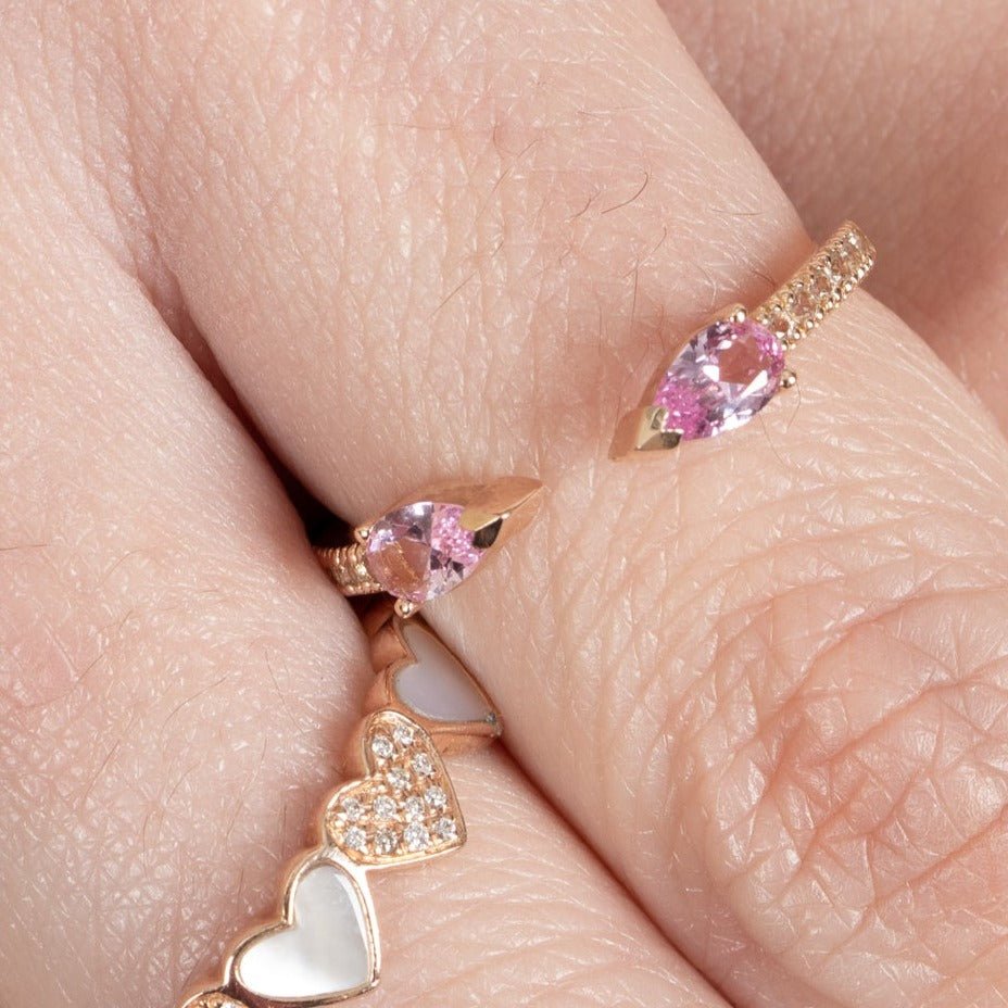 14K Yellow Gold Pink Topaz Pear Open Cuff Ring - Elegant Dainty Jewelry for Women, Perfect for Weddings, Anniversaries & Special Occasions