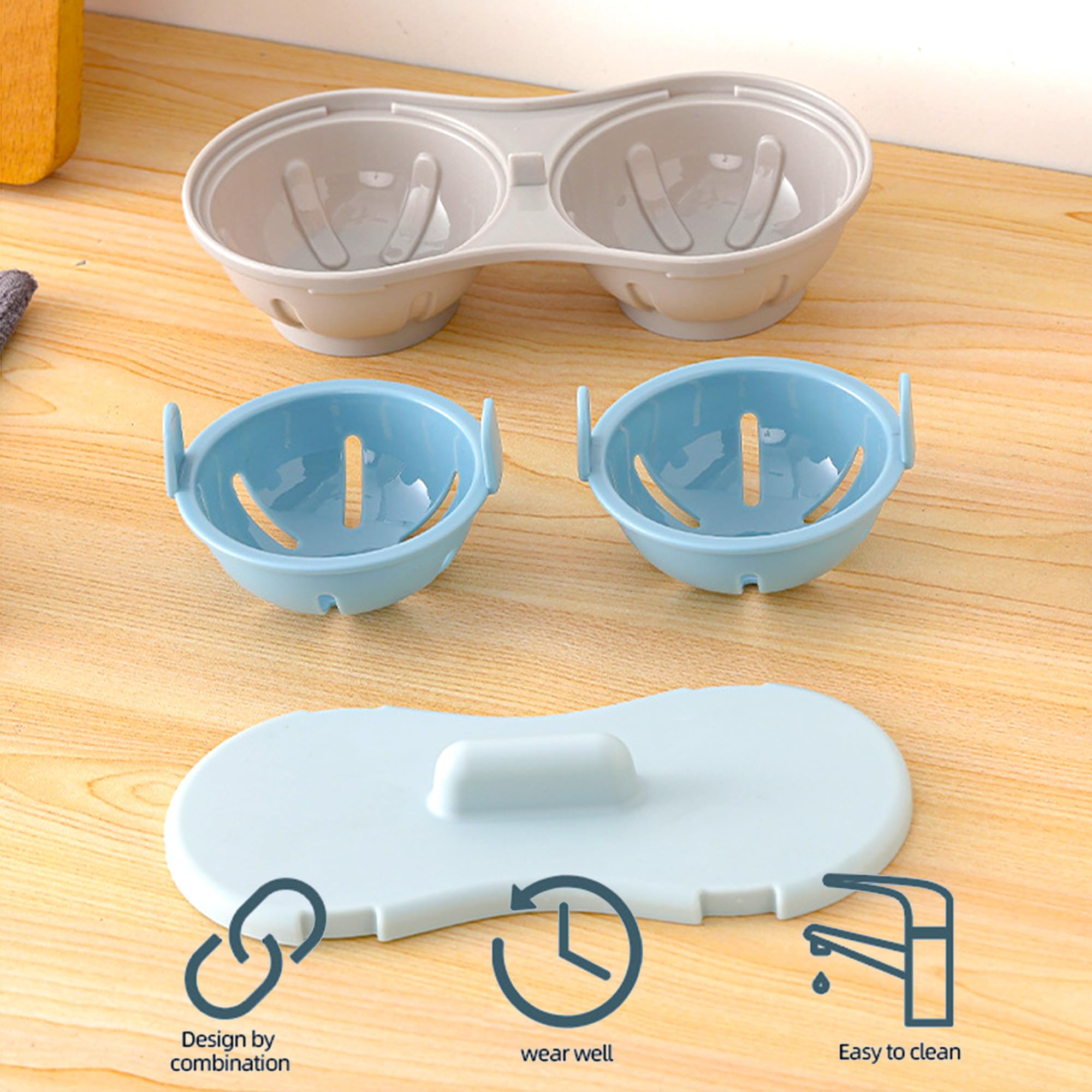 2 Cavity Microwave Egg Cooker - Double Row Poached Egg Maker for Quick Breakfast - Light Blue Kitchen Cooking Gadget - Perfect for Home, Office & Camping Meals