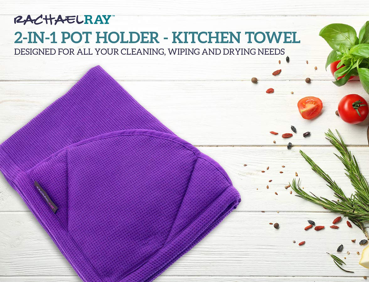 Rachael Ray 2-in-1 Kitchen Towel and Pot Holder Set of 2 - Heat Resistant Pockets for Hot Pans, Absorbent Dish Towels for Drying Dishes & Hands - Lavender - Perfect for Cooking, Baking & Kitchen Cleaning