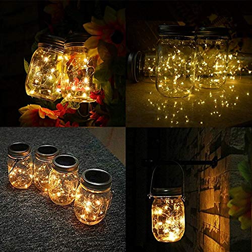 6-Pack Solar Mason Jar Lid Lights with 30 LED Bulbs & 6 Fairy String Lights (20 LEDs Each) - Outdoor Patio, Garden, Wedding, Party Decor - Includes Hangers & Batteries (Jars Not Included)