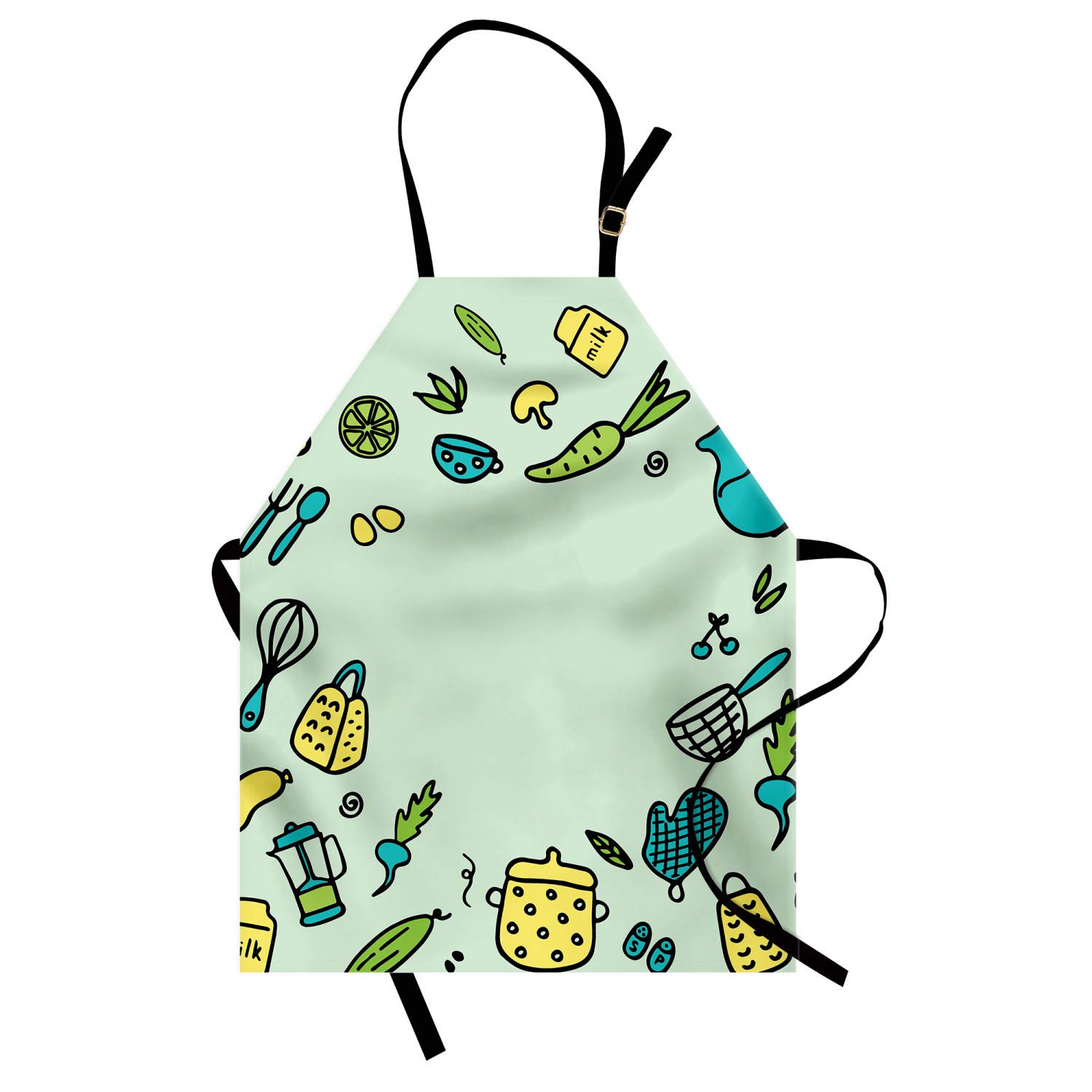 Ambesonne Personalized Chef Apron - Doodle Design Kitchen Appliances & Cooking Items, Adjustable Neck Unisex Bib for Adults, Mint Green - Perfect for Cooking, Baking, BBQ & Home Kitchen Use