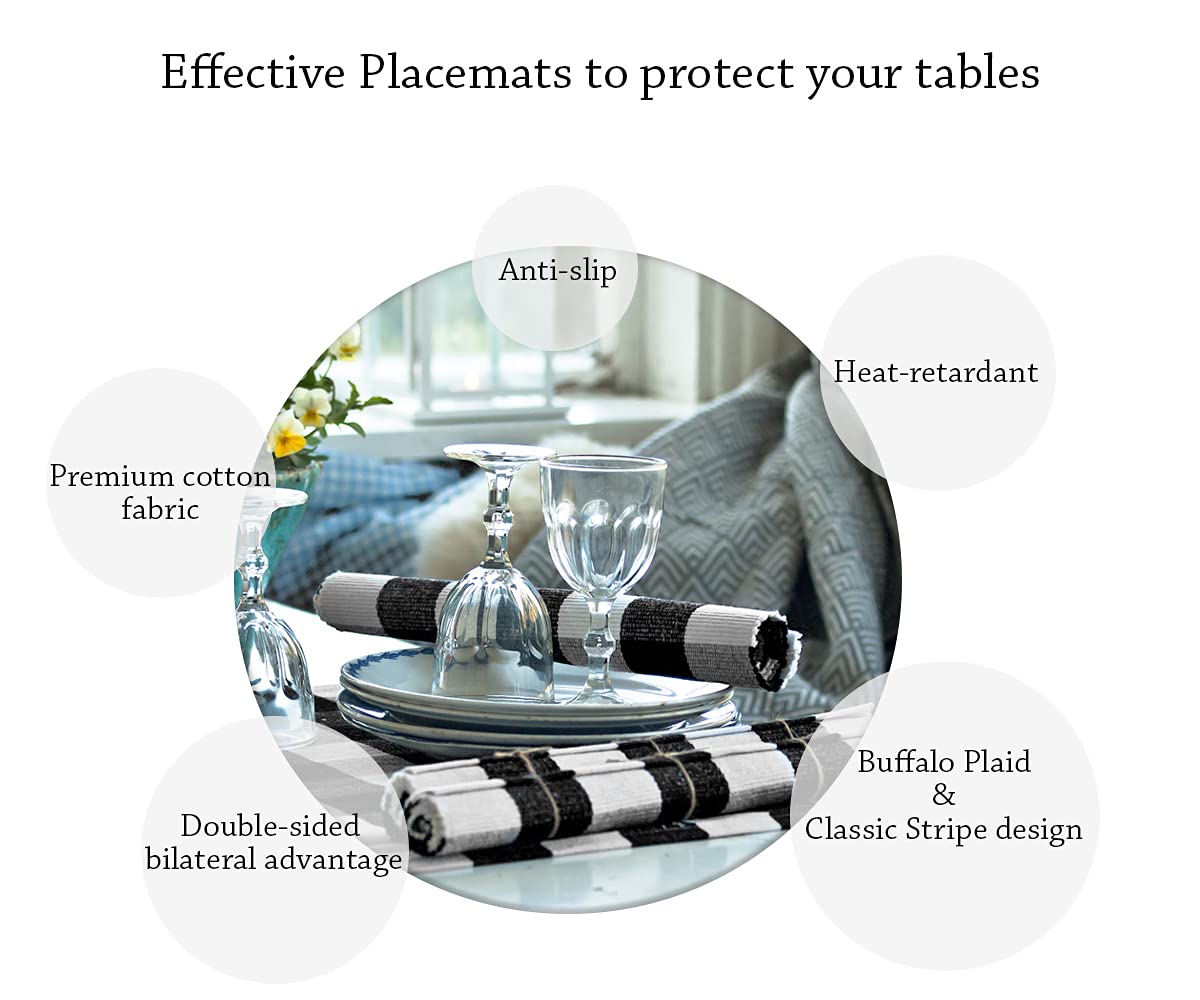 Black Cotton Placemats Set of 4 - Buffalo Plaid Checkered Table Mats 13x18 Inch - 100% Washable Linen Fabric for Dining Table - Rustic Farmhouse Decor for Thanksgiving, Christmas & Everyday Use