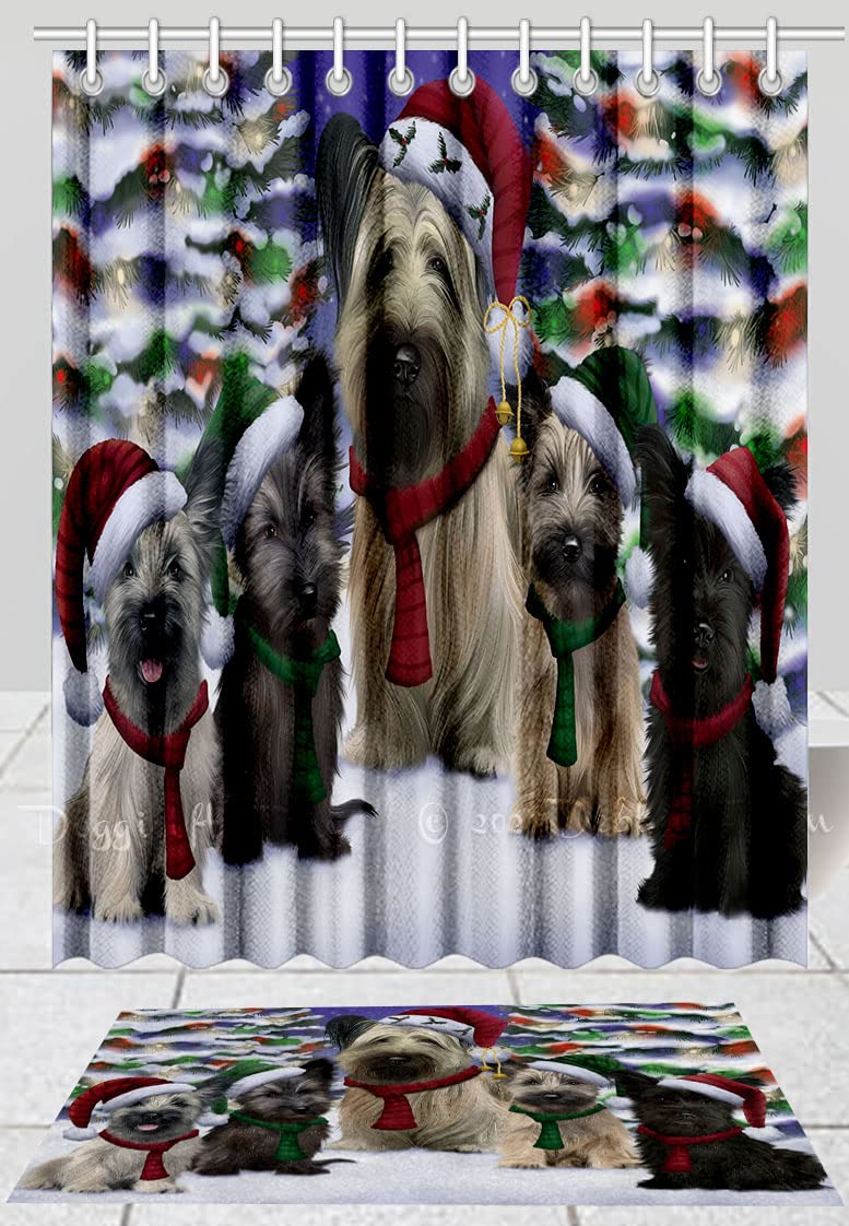 Skye Terrier Dog Christmas Family Portrait Shower Curtain & Bath Mat Set - Anti-Slip Bathroom Decor with Hooks (20''x32'' Rug + 72