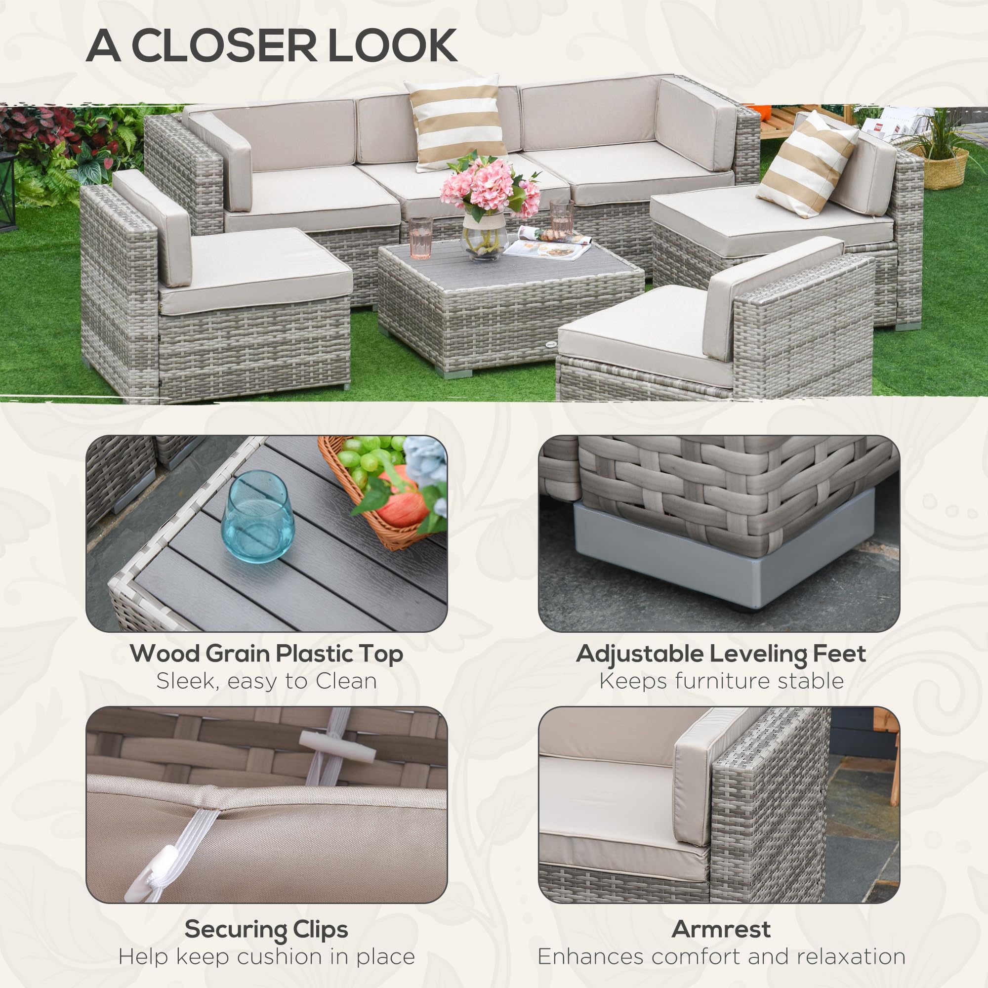 Outsunny 7-Piece All-Weather PE Rattan Patio Furniture Set, Outdoor Wicker Sectional Sofa with Cushions & Faux Wood Coffee Table - Beige Stripe Pillows - Perfect for Garden, Backyard, Poolside & Patio Relaxation