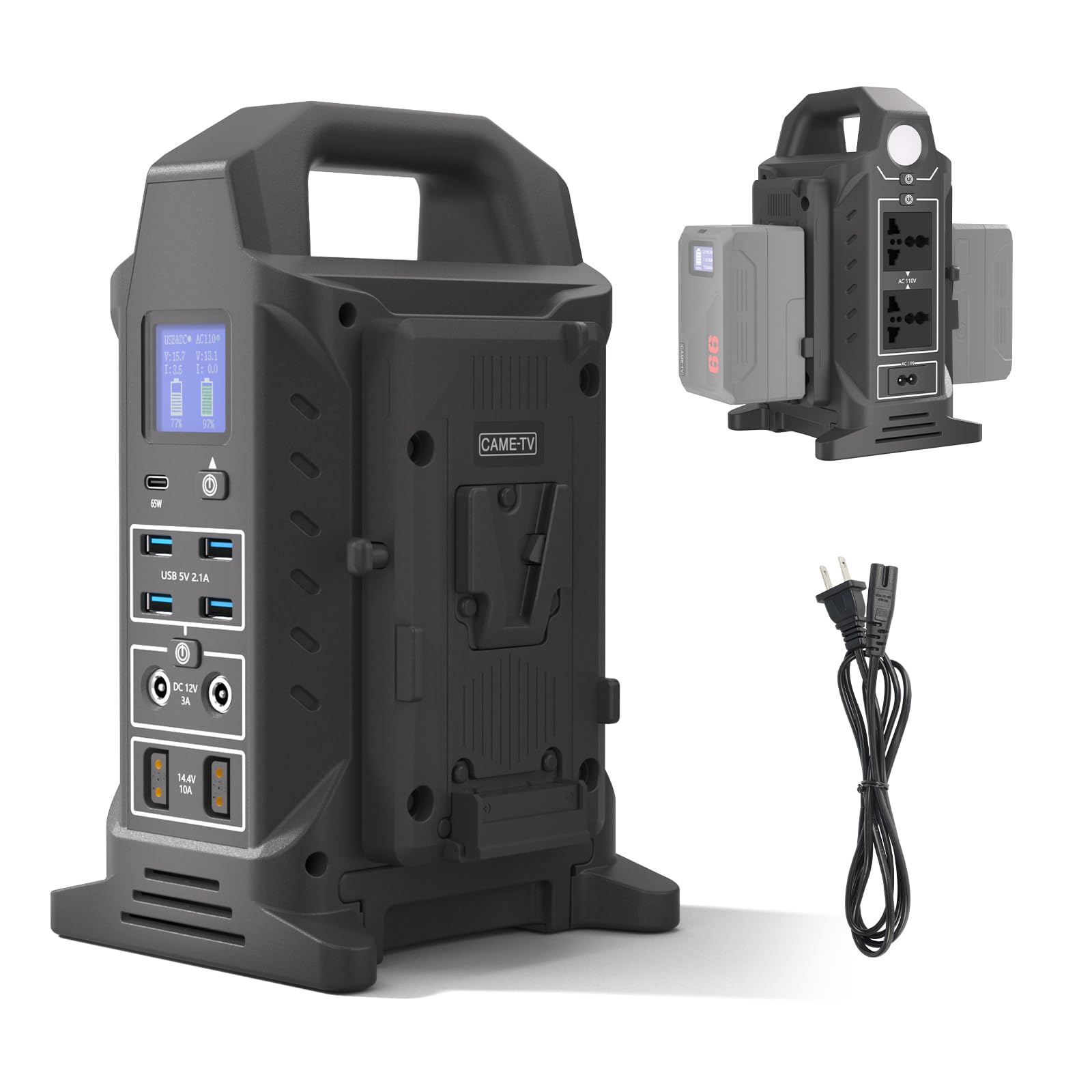 Came-TV Dual V Mount Battery Charger - 3-in-1 Power Strip with Dual Channel Charging, 65W PD/USB-C, Multi-AC Inverter Station - Compatible with Smallrig, Neewer, Came TV V-Lock Batteries - Perfect for Film Production, Photography & On-Location Power Needs