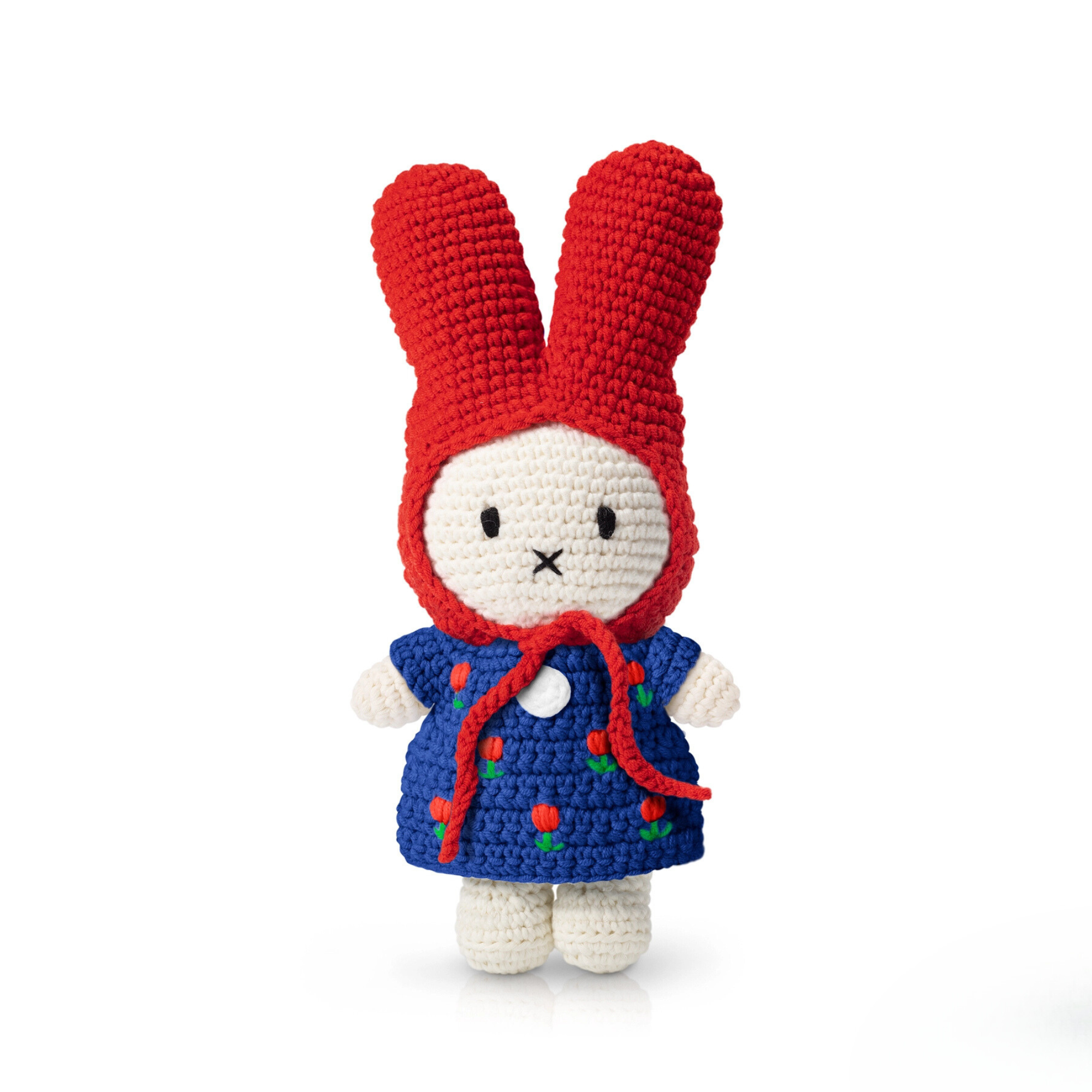 Handmade Miffy Crochet Plush Doll with Blue Tulip Dress & Red Hat | Dutch Collectible Kawaii Stuffed Animal for Home Decor, Birthday Gift & Nursery Room Decoration - Perfect for Kids, Teens and Adults Who Love Cute Plush Toys