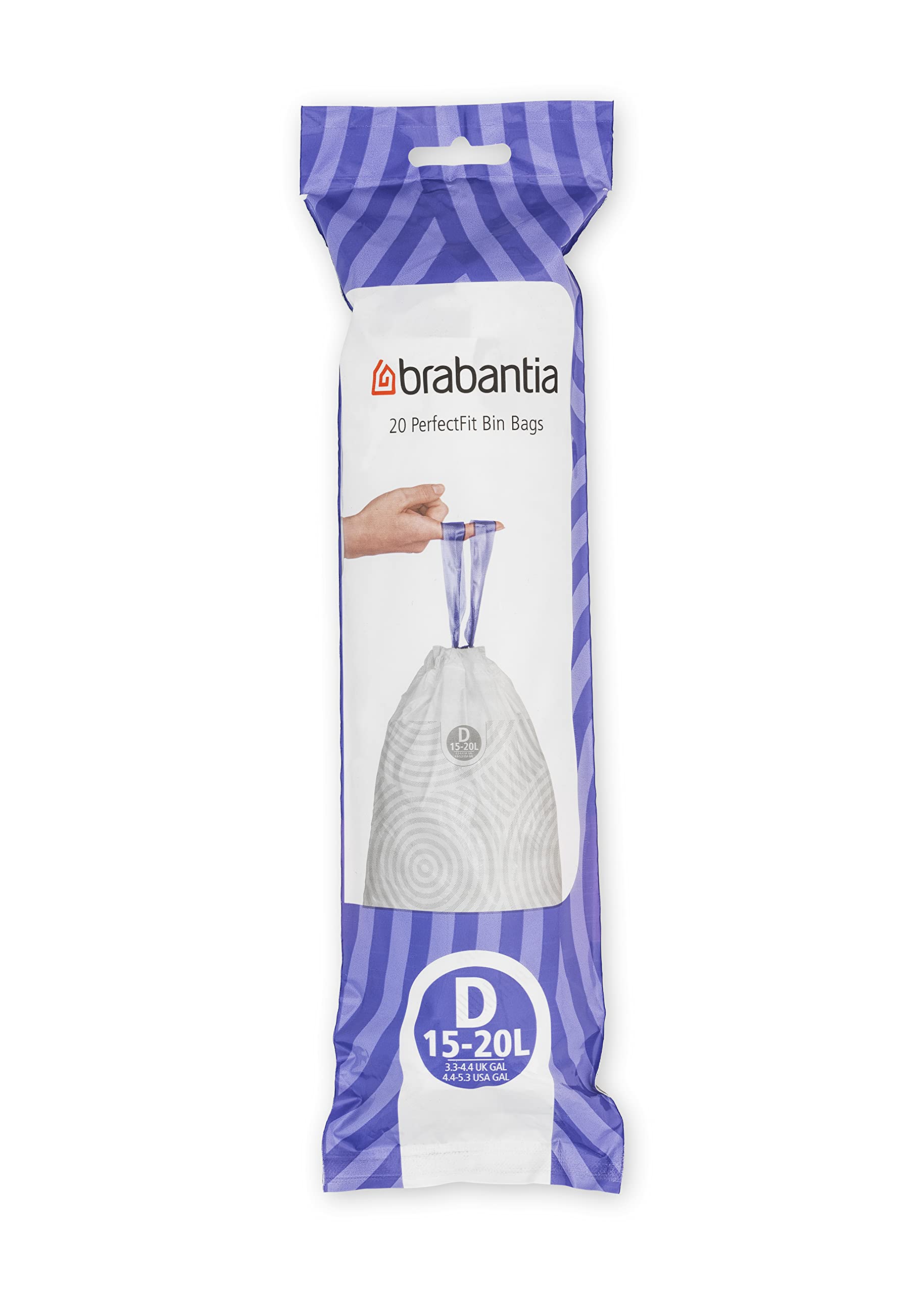 Brabantia PerfectFit Trash Bags - Size D (0.5-0.8 Gallon) - Heavy Duty Drawstring Kitchen Trash Can Liners - 120 Count - Ideal for Small Office, Bathroom & Bedroom Waste Bins
