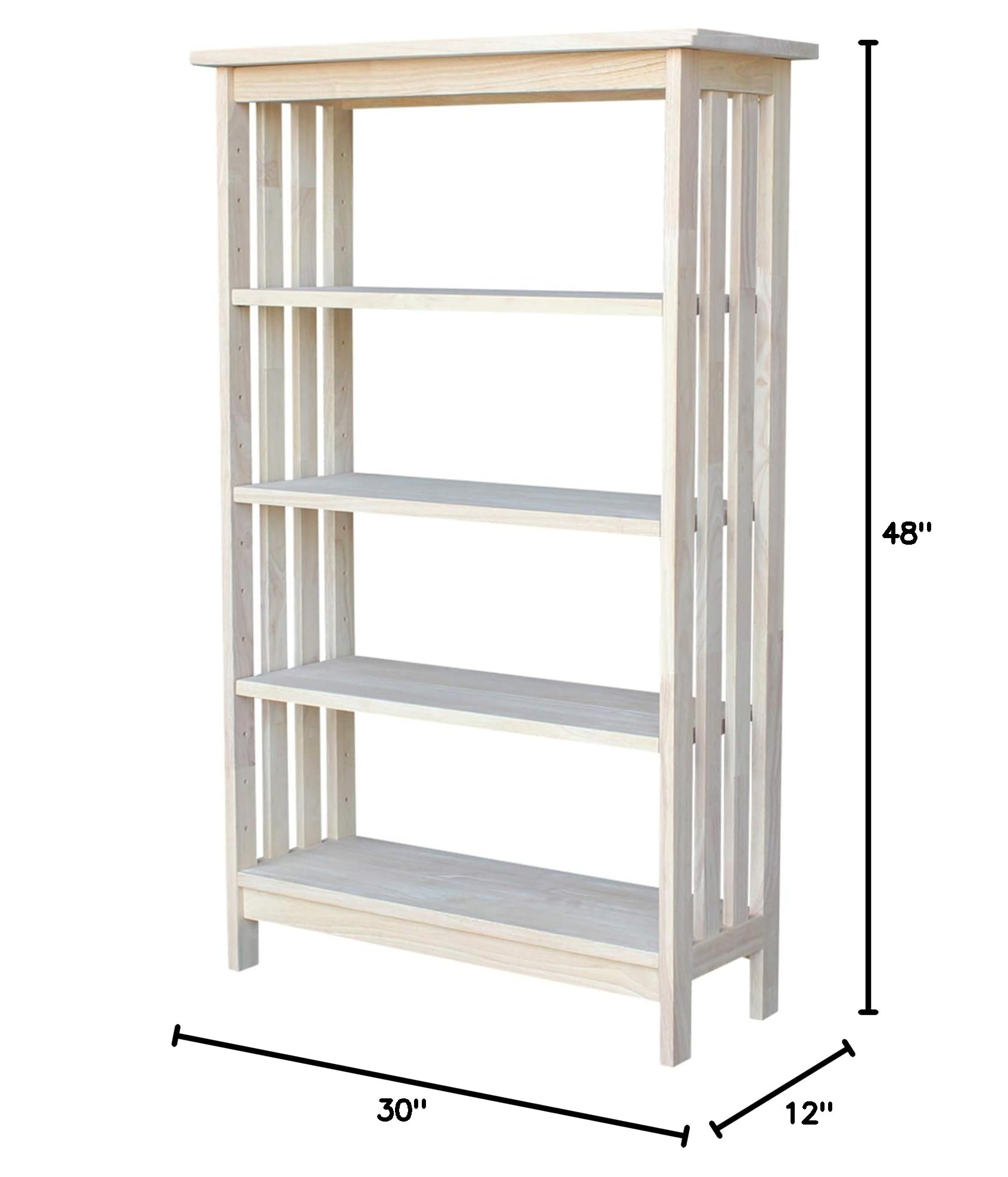 International Concepts 4-Tier Mission Style Shelf Unit - Unfinished Wooden Bookcase for Home Office, Living Room & Bedroom Storage