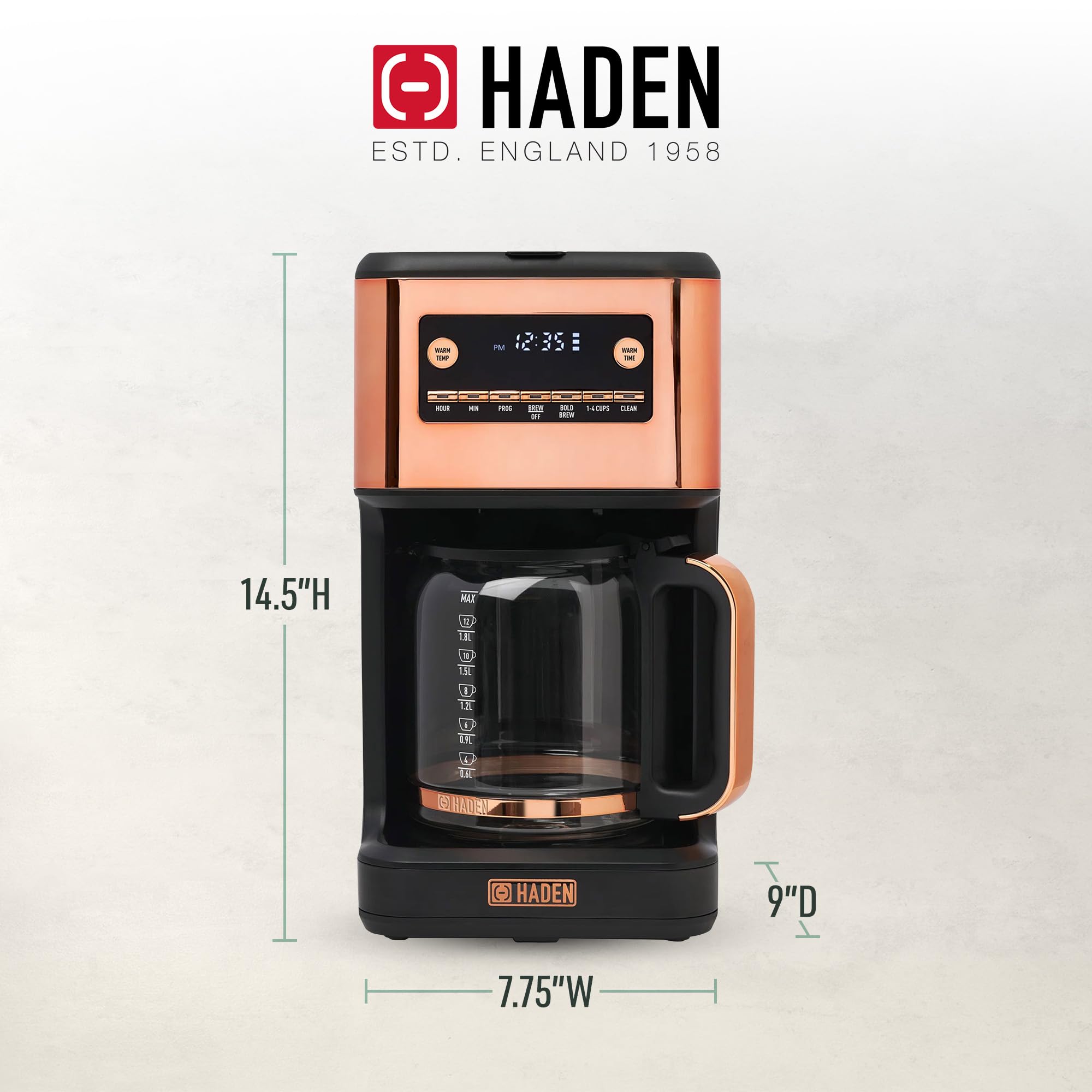 HADEN 14-Cup Programmable Coffee Maker with 120-Minute Keep Warm, Delay Brew & Adjustable Strength - Black/Copper - Perfect for Home, Office & Entertaining