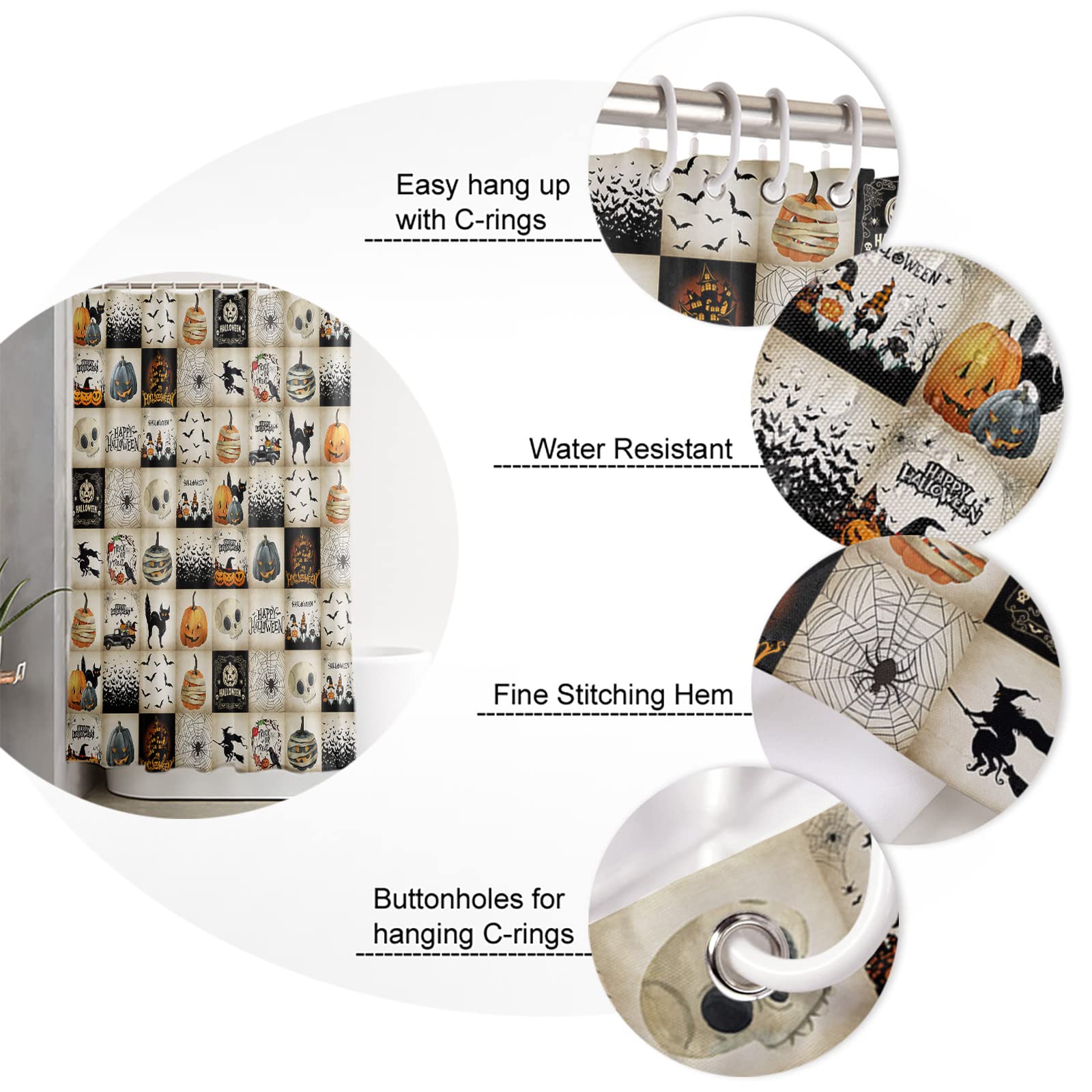 Happy Halloween Pumpkin Gnome Black Cat Bat Skull Plaid Waterproof Fabric Shower Curtain 60x72 Inch with Hooks - Bathroom Decor for Spooky Season, Halloween Party & Gothic Home Decor