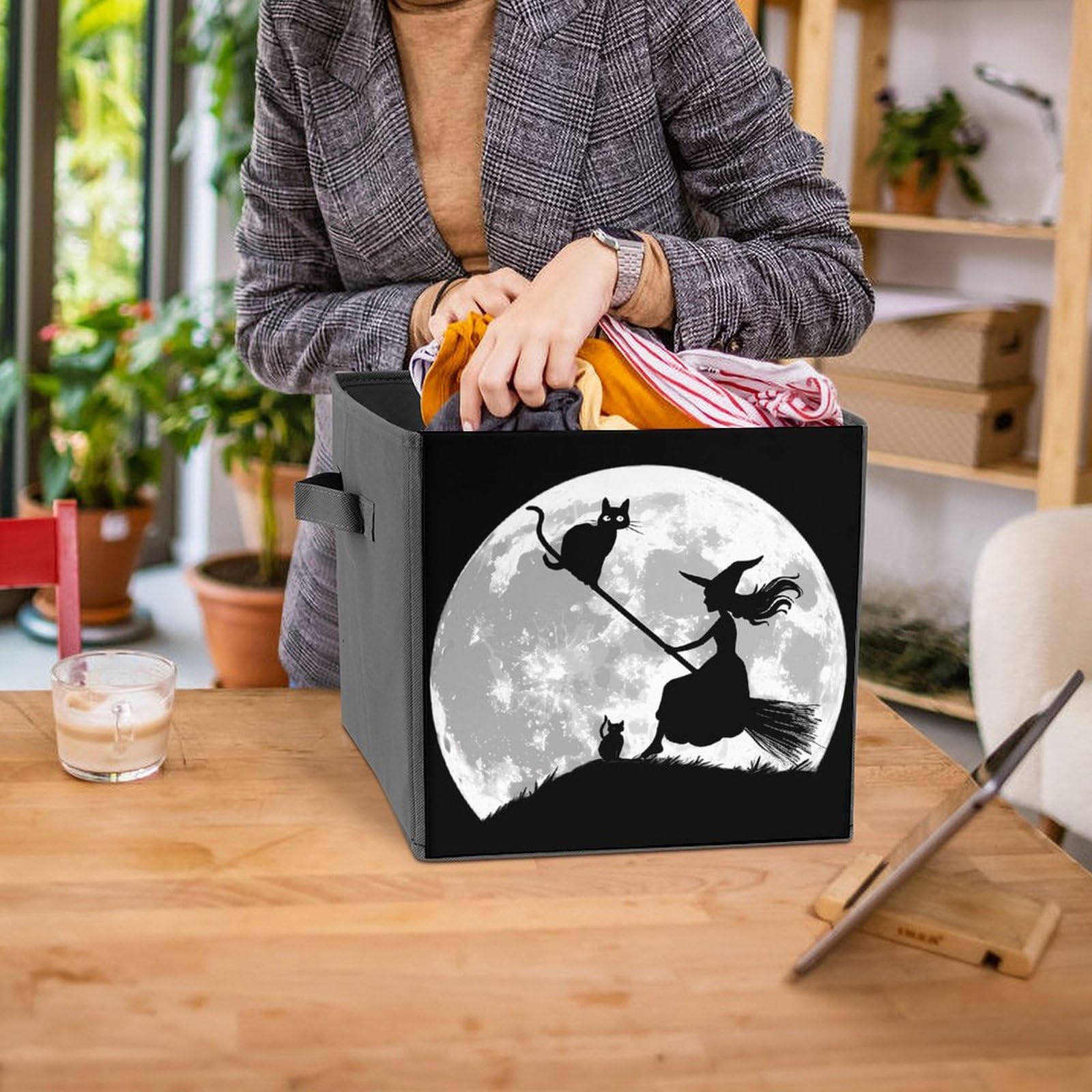 Flying Witch on Broomstick Halloween Storage Bins - 2-Pack Foldable Storage Cubes with Handles for Home Organization | Perfect for Closet, Bathroom & Toy Storage (Black Cat & Full Moon Design)
